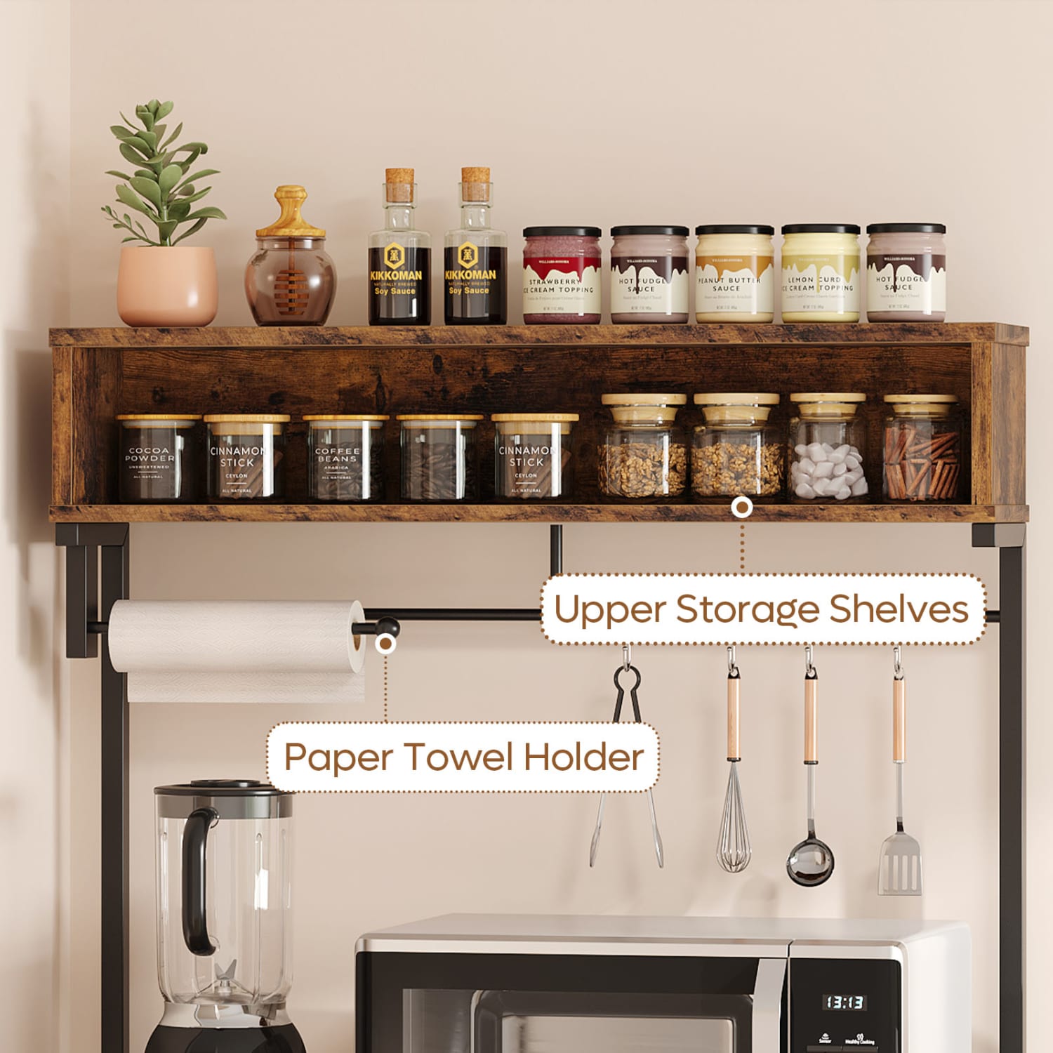 Bestier Bakers Rack With Power Outlets And Storage Shelf, 5-Tier, 65inH x 33inW x 16inD, Rustic Brown - Image 5
