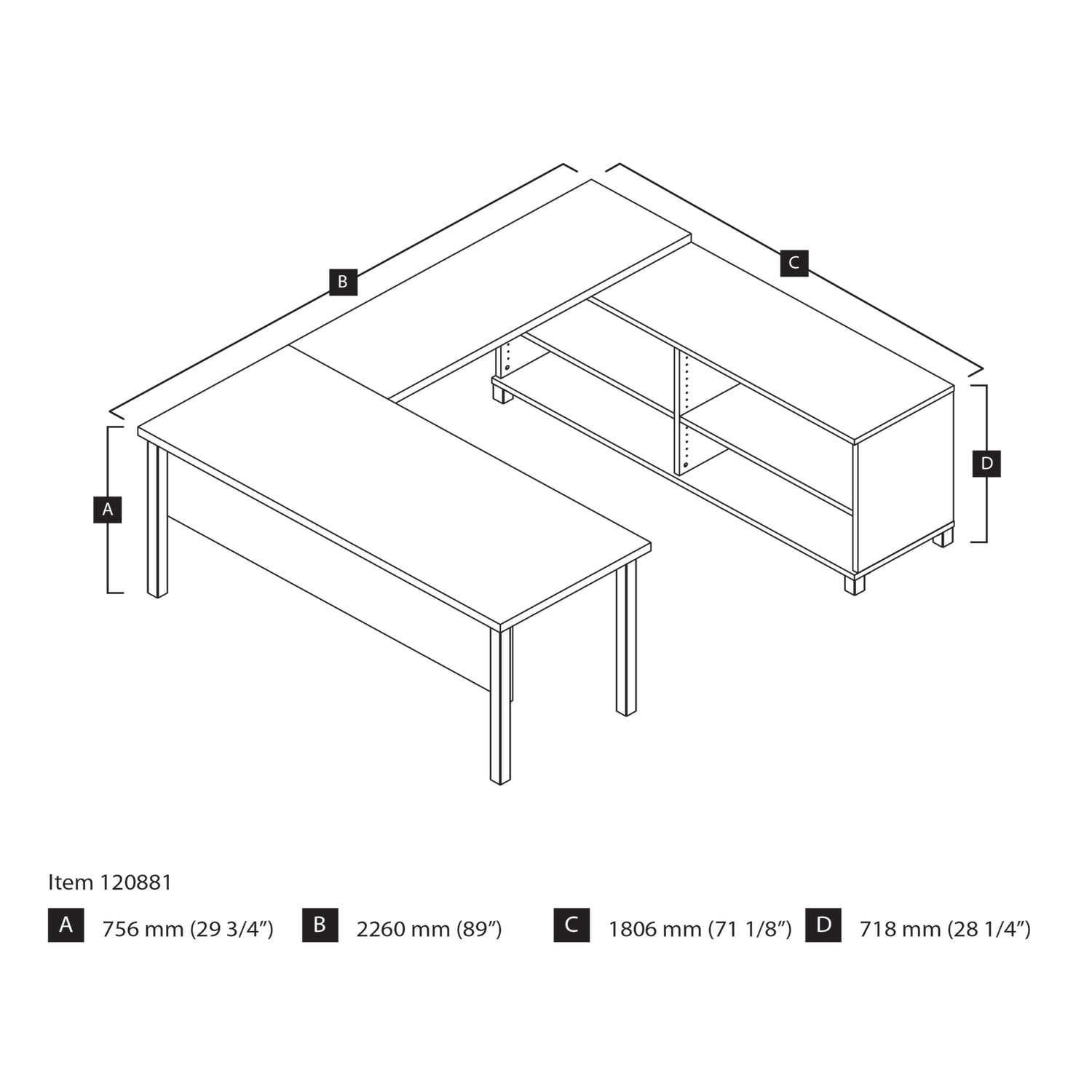Bestar Pro-Linea 72inW U-Shaped Executive Computer Desk With Metal Legs, Bark Gray - Image 4