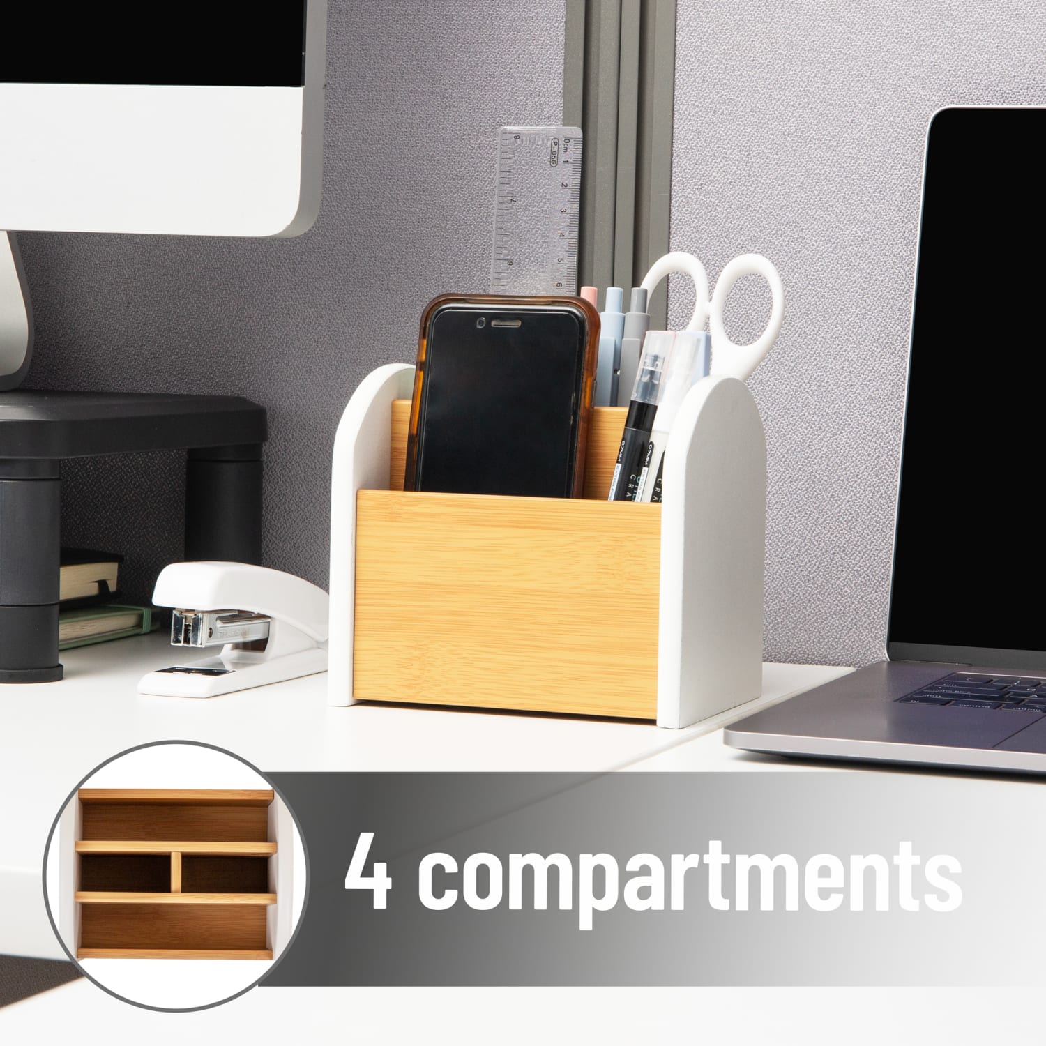 Mind Reader 3-Compartment Desktop Organizer, 5inH x 4-1/2inW x 5-1/2inD, White, Total Qty 1 - Image 5