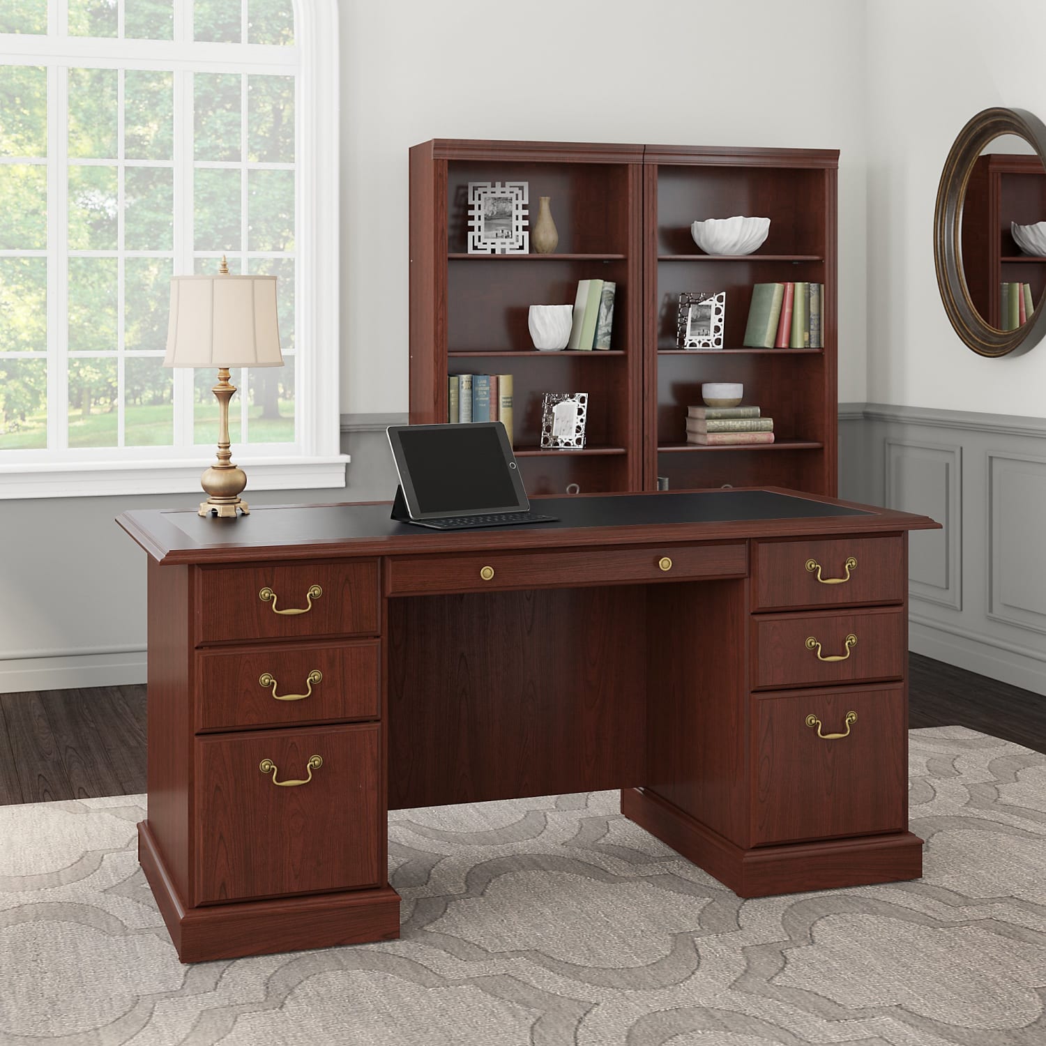 Bush Business Furniture Saratoga 66inW Executive Computer Desk And Two 5-Shelf Bookcases, Harvest Cherry/Black, Standard Delivery - Image 3