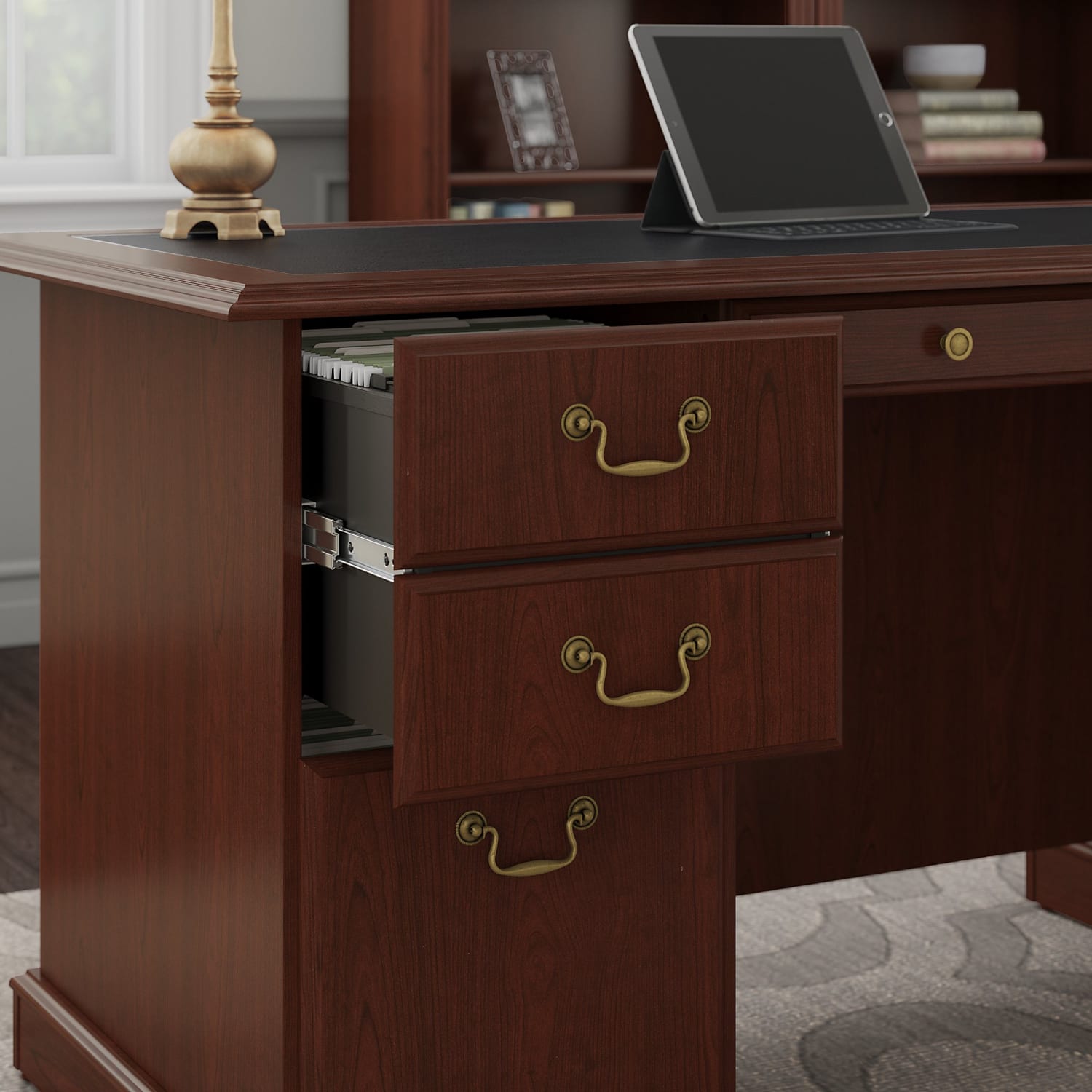 Bush Business Furniture Saratoga 66inW Executive Computer Desk And Two 5-Shelf Bookcases, Harvest Cherry/Black, Standard Delivery - Image 5