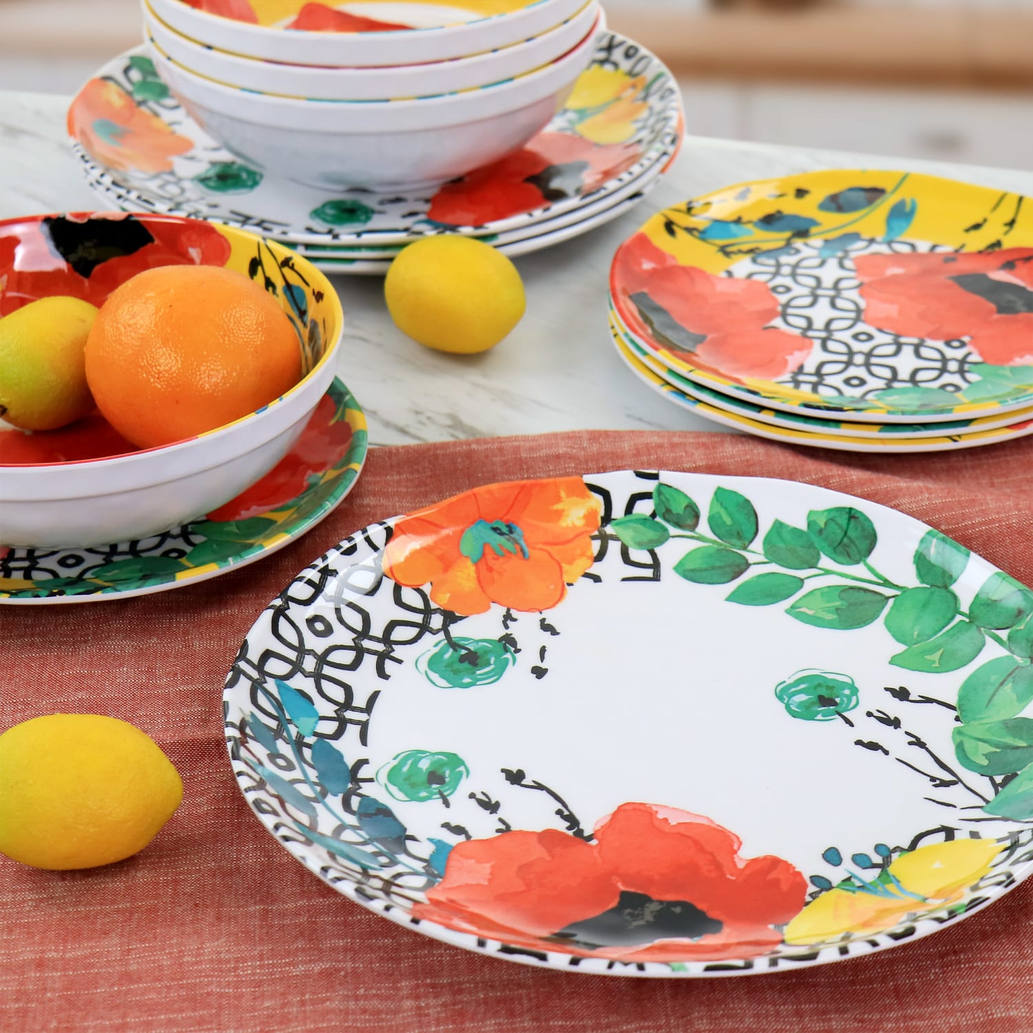 Elama Grace 12-Piece Melamine Dinnerware Set, Multicolor - Image 3