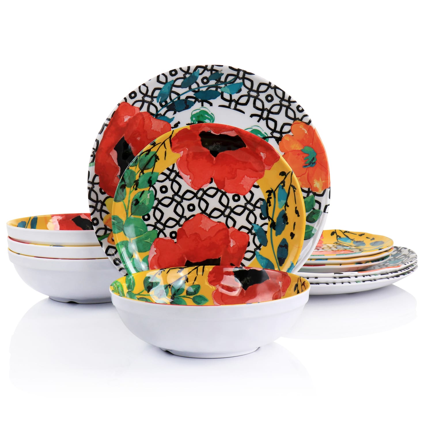 Elama Grace 12-Piece Melamine Dinnerware Set, Multicolor - Image 5