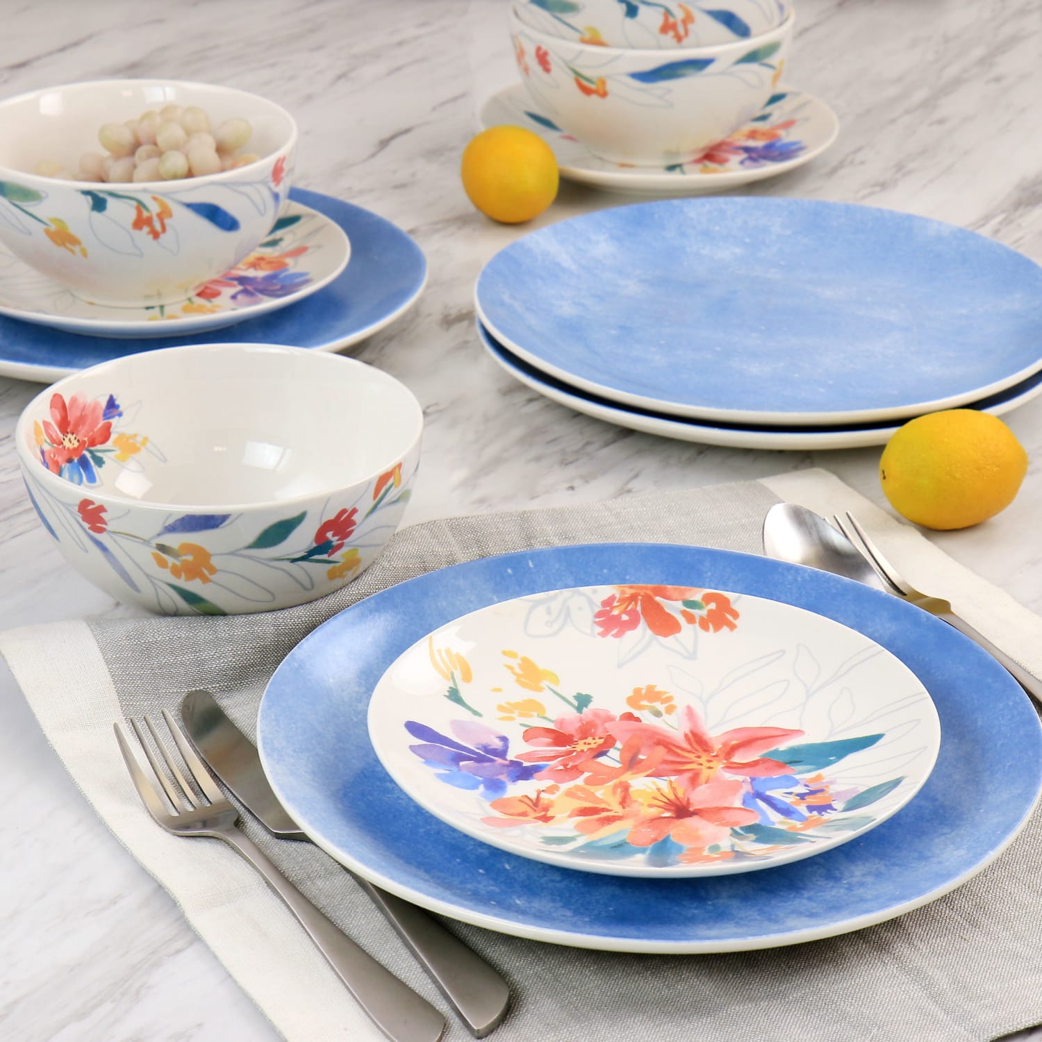Spice by Tia Mowry Goji Blossom 12-Piece Fine Ceramic Dinnerware Set, Blue - Image 3