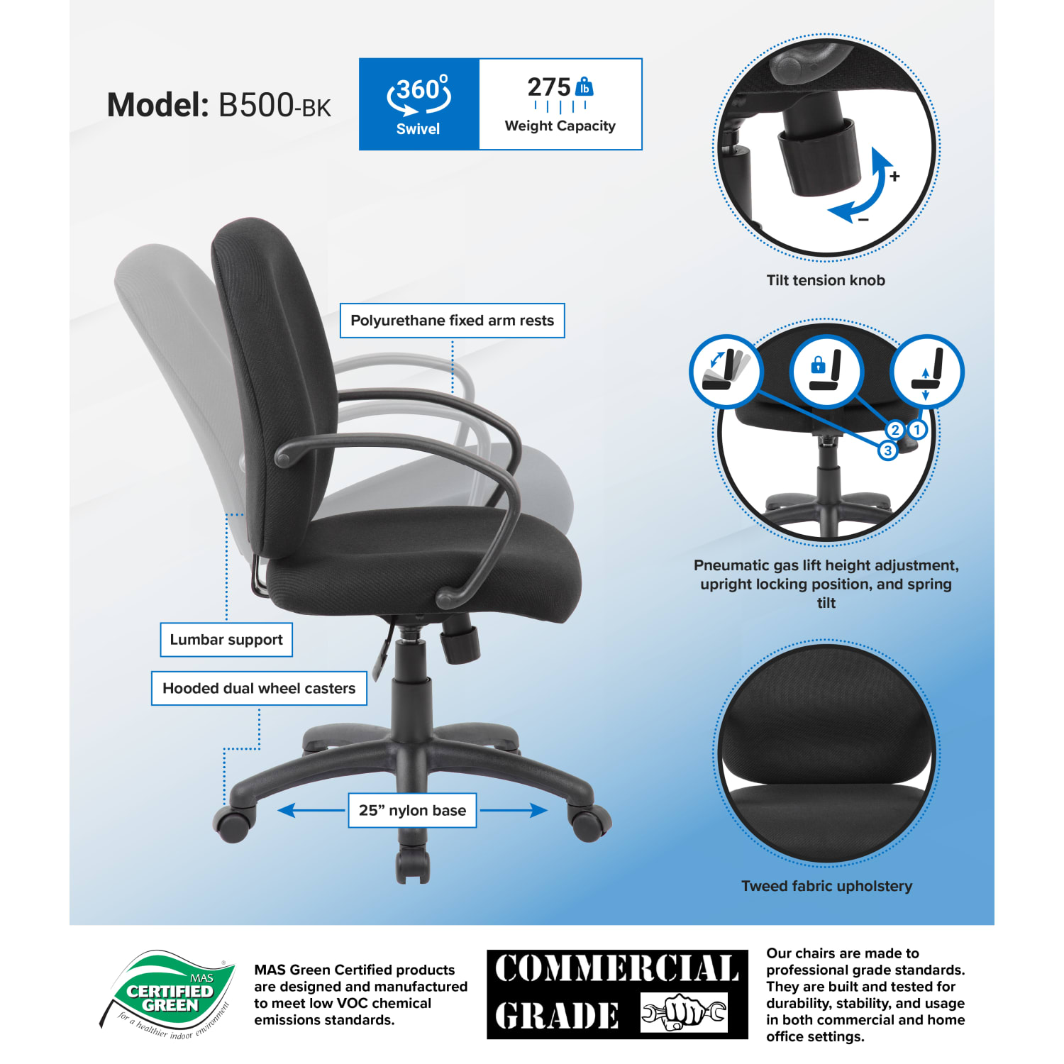 Boss Office Products Ergonomic Budget Tweed Mid-Back Task Chair, Black - Image 8