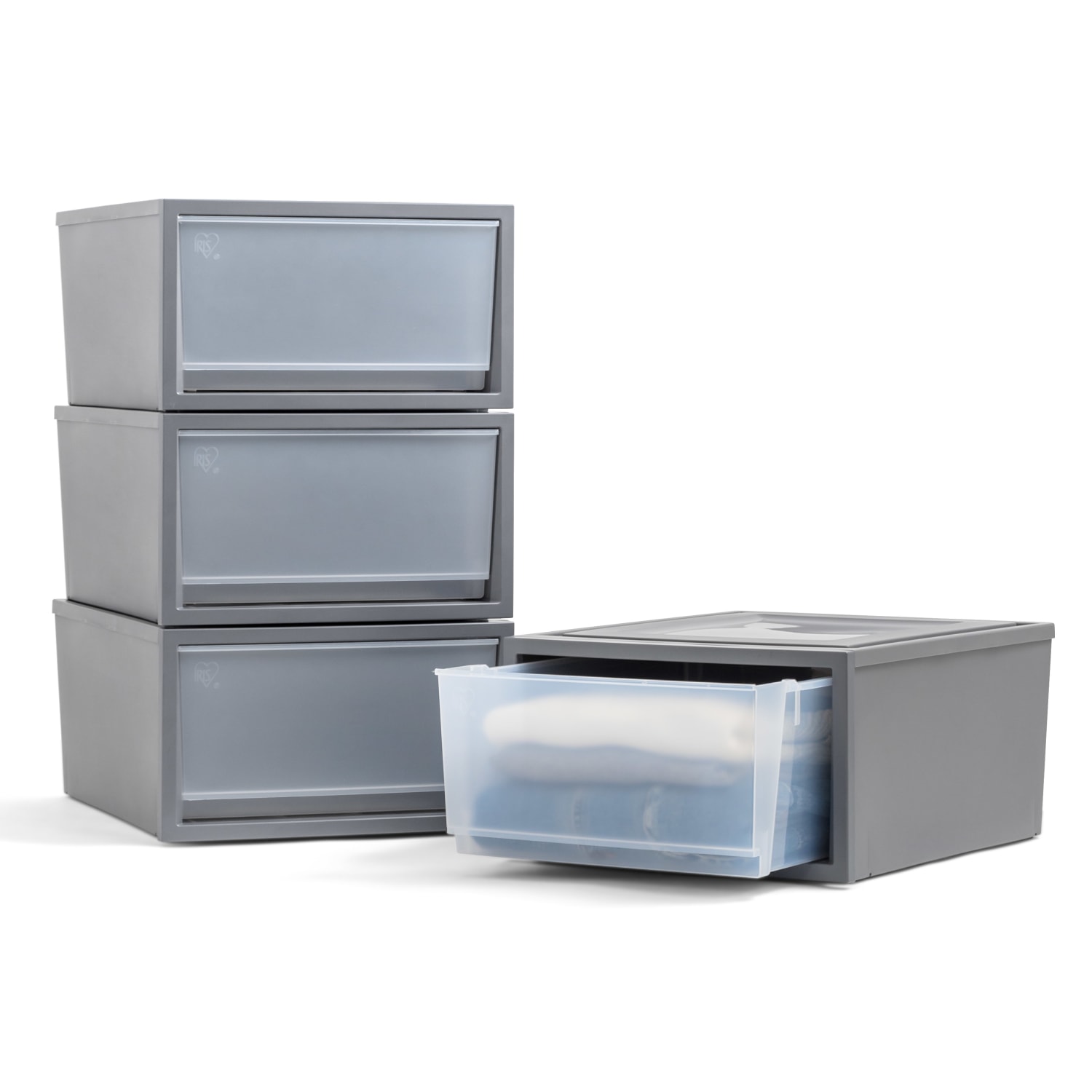 Iris Stackable Storage Bins With Drawers, 10-1/4in x 16-1/8in, Gray, Set Of 3 Bins
