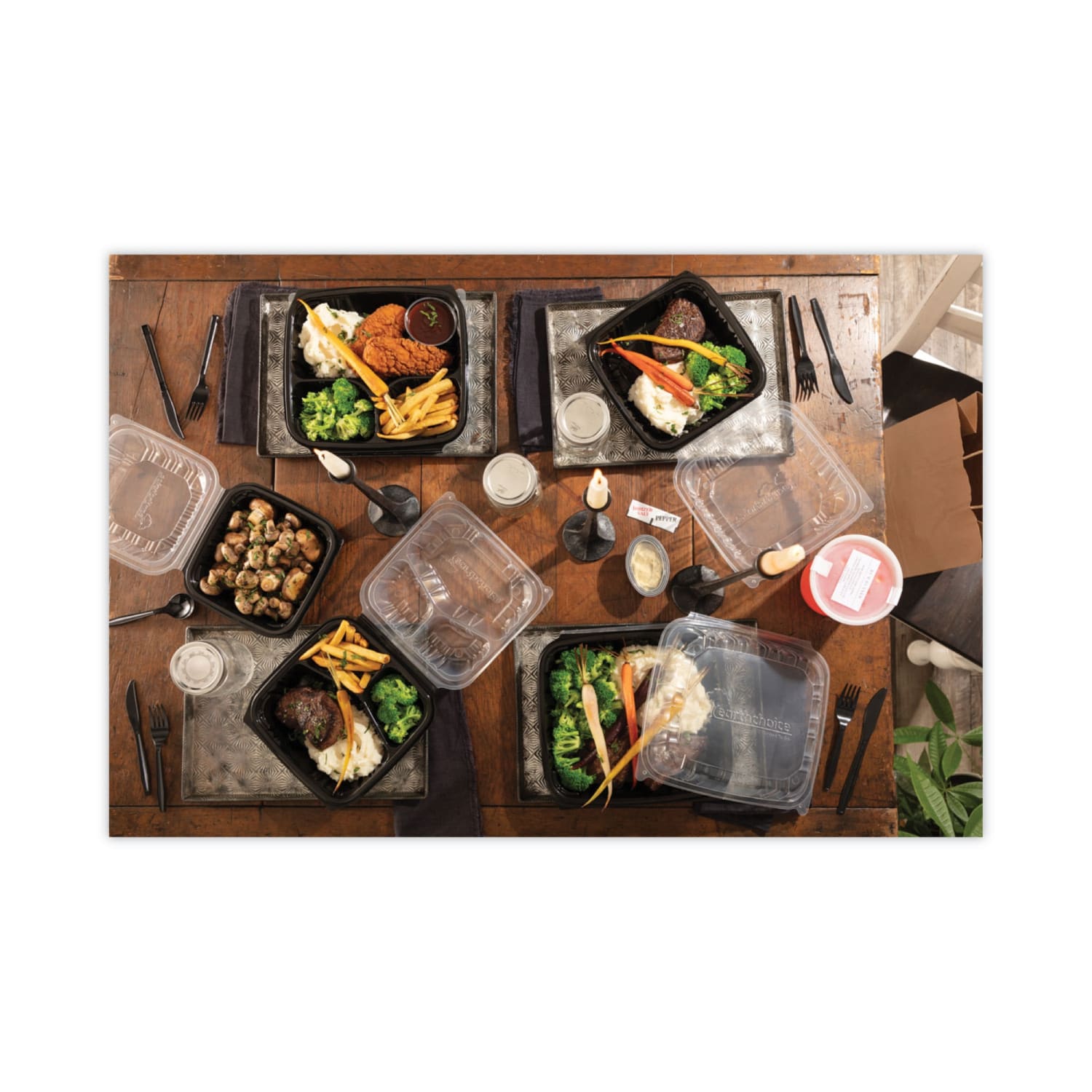 Pactiv Evergreen EarthChoice Vented Dual-Color Microwavable Hinged-Lid Containers, 1-Compartment, 28 Oz, 3inH x 7-1/2inW x 7-1/2inD, Black/Clear, Pack Of 150 Containers - Image 4