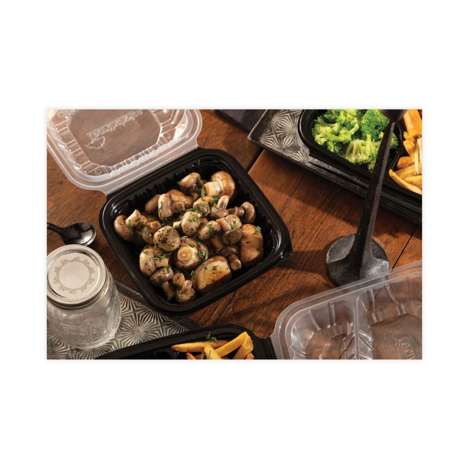 Pactiv Evergreen EarthChoice Vented Dual-Color Microwavable Hinged-Lid Containers, 1-Compartment, 28 Oz, 3inH x 7-1/2inW x 7-1/2inD, Black/Clear, Pack Of 150 Containers - Image 5