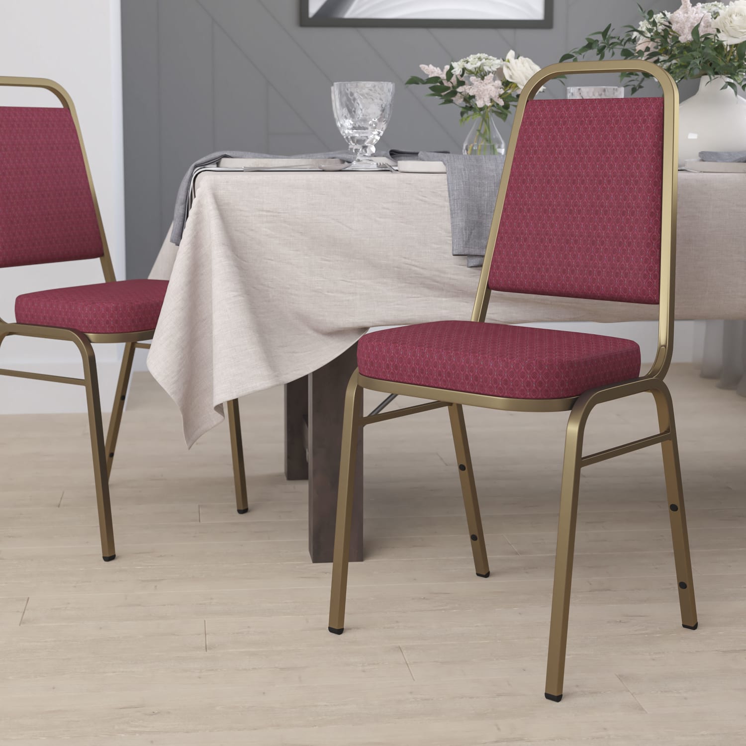 Flash Furniture HERCULES Series Trapezoidal-Back Fabric Stacking Banquet Chair With 2-1/2in Thick Seat, Burgundy Patterned Fabric/Gold Frame - Image 3