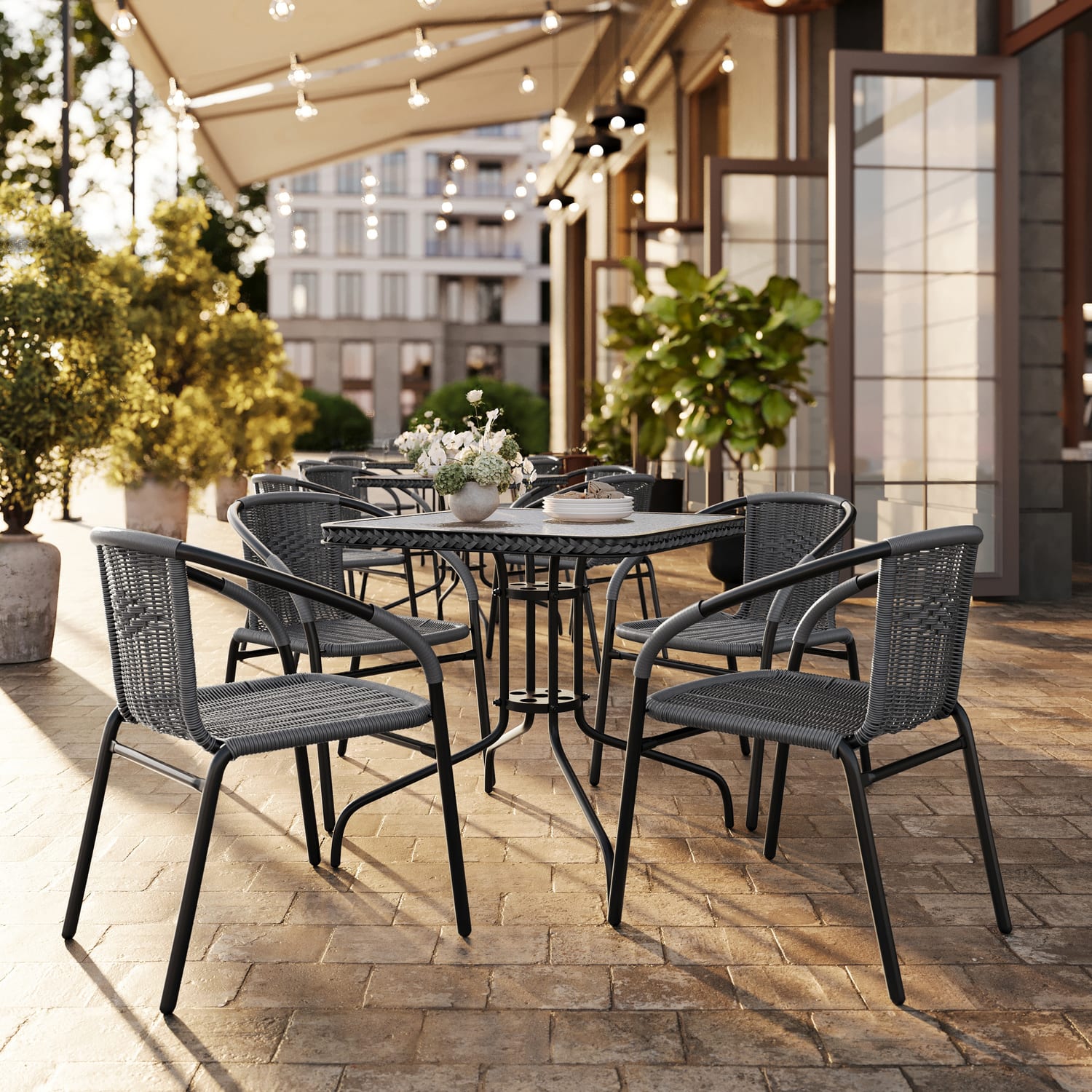 Flash Furniture Square Glass And Metal Table With 4 Rattan Stack Chairs, 28in, Clear/Gray - Image 3