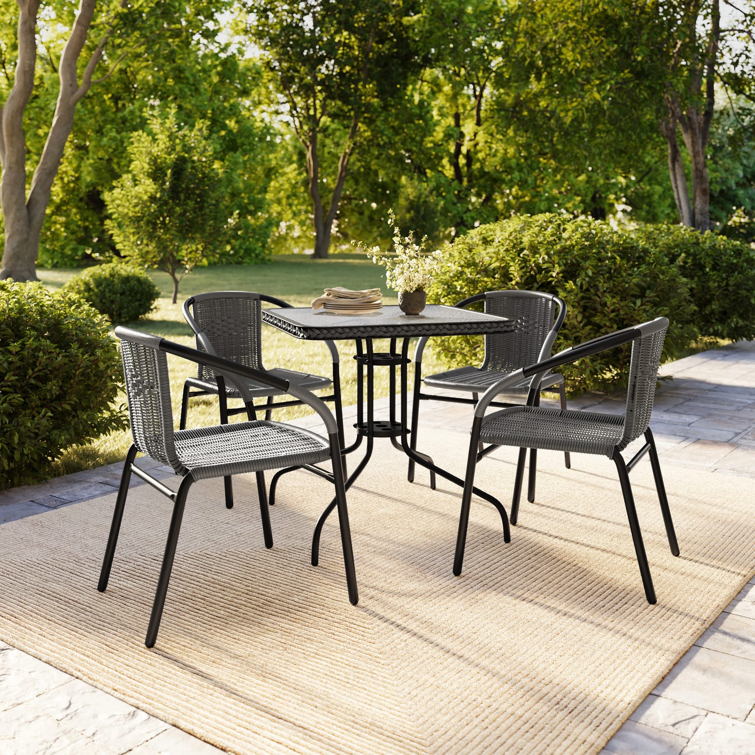 Flash Furniture Square Glass And Metal Table With 4 Rattan Stack Chairs, 28in, Clear/Gray - Image 6