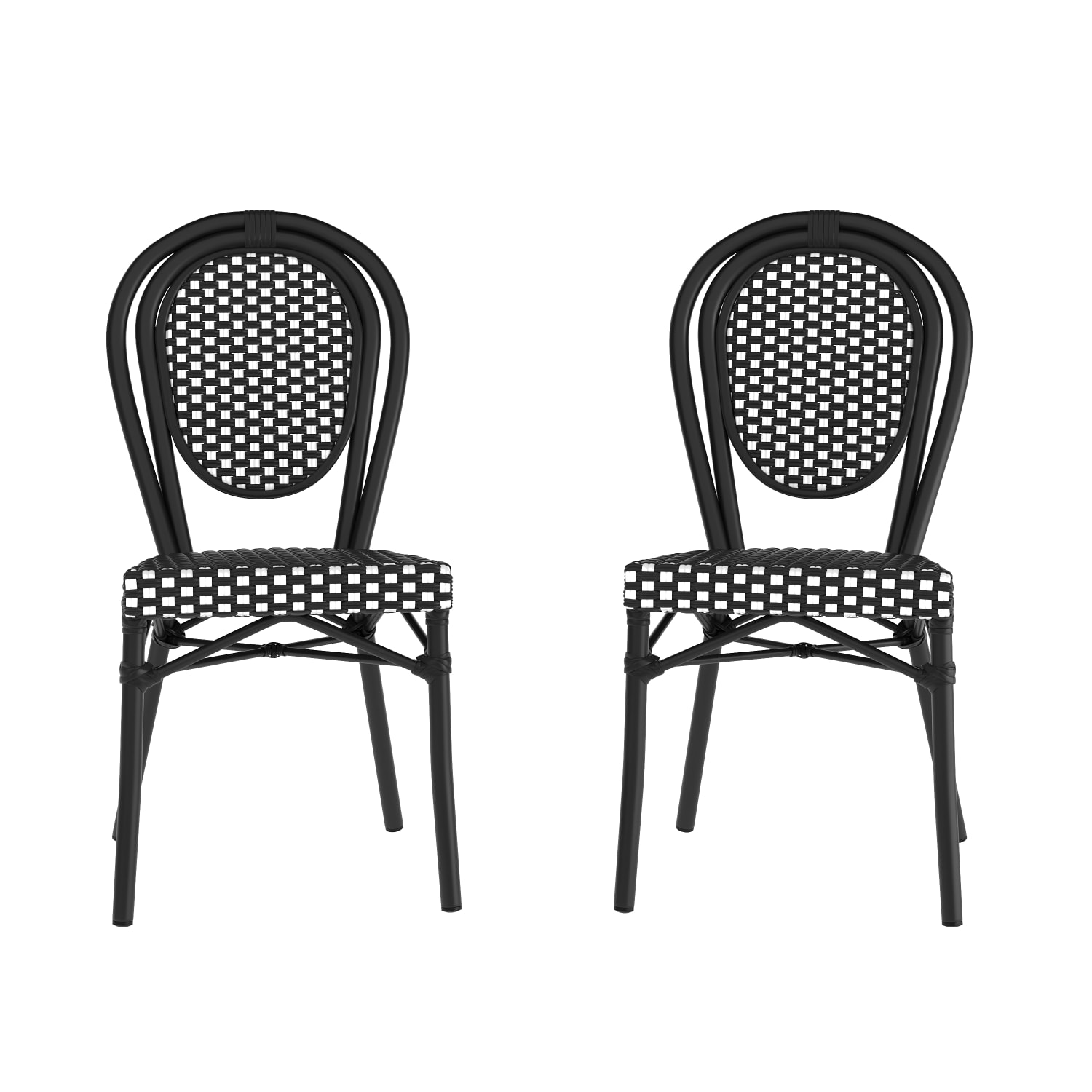 Flash Furniture 2 Pack Lourdes Indoor/Outdoor Commercial Thonet Bistro Stacking Chair, PE Rattan and Aluminum Frame, Black & White/Black Frame