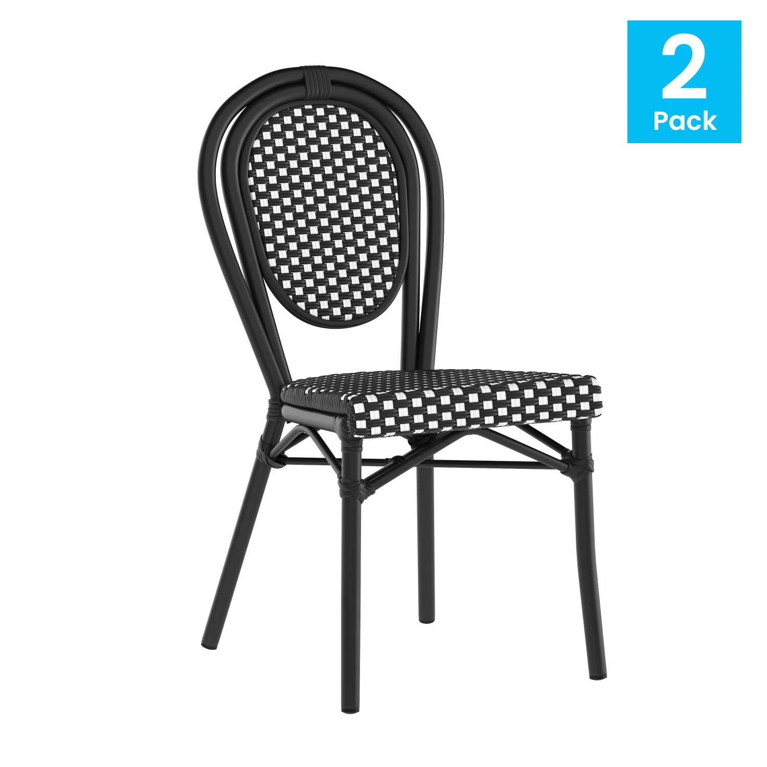 Flash Furniture 2 Pack Lourdes Indoor/Outdoor Commercial Thonet Bistro Stacking Chair, PE Rattan and Aluminum Frame, Black & White/Black Frame - Image 3