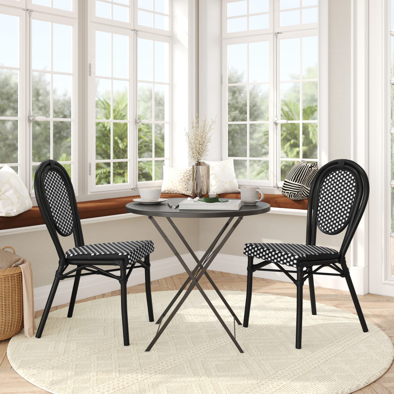 Flash Furniture 2 Pack Lourdes IndoorOutdoor Commercial Thonet Bistro Stacking Chair PE Rattan and Aluminum Frame Black  WhiteBlack Frame PopularChairscom