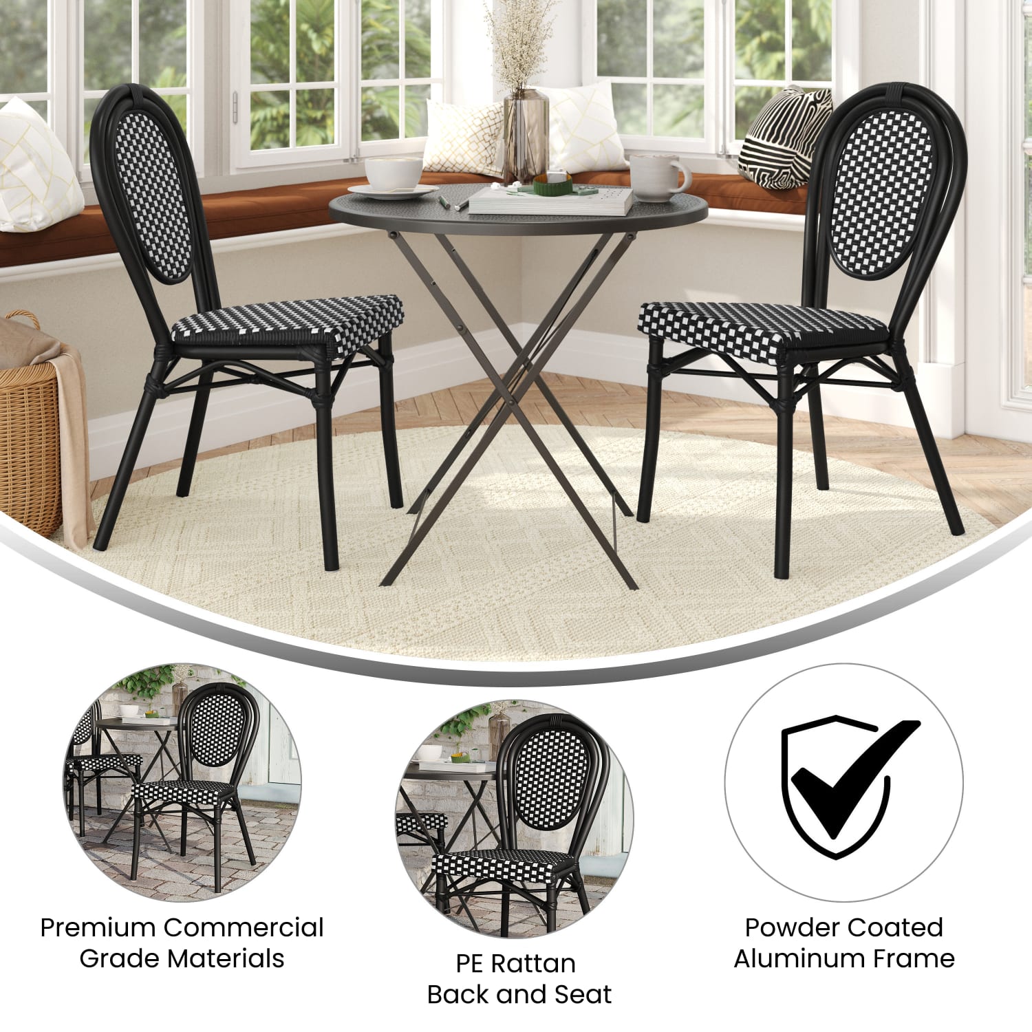 Flash Furniture 2 Pack Lourdes IndoorOutdoor Commercial Thonet Bistro Stacking Chair PE Rattan and Aluminum Frame Black  WhiteBlack Frame PopularChairscom