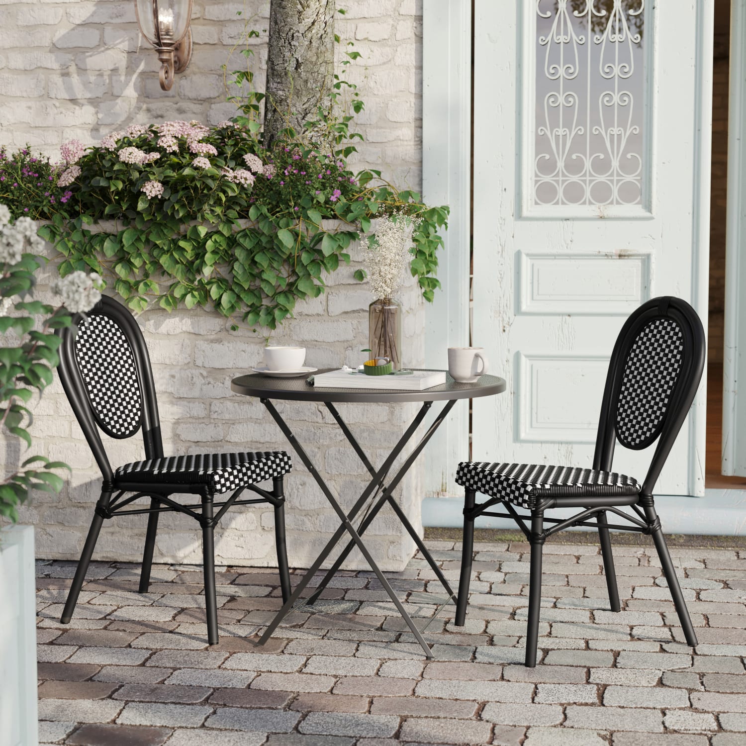 Flash Furniture 2 Pack Lourdes IndoorOutdoor Commercial Thonet Bistro Stacking Chair PE Rattan and Aluminum Frame Black  WhiteBlack Frame PopularChairscom