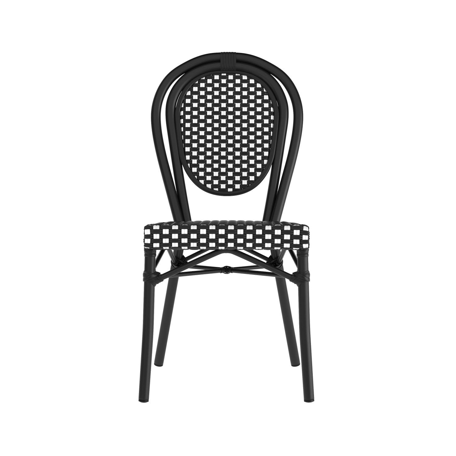 Flash Furniture 2 Pack Lourdes IndoorOutdoor Commercial Thonet Bistro Stacking Chair PE Rattan and Aluminum Frame Black  WhiteBlack Frame PopularChairscom