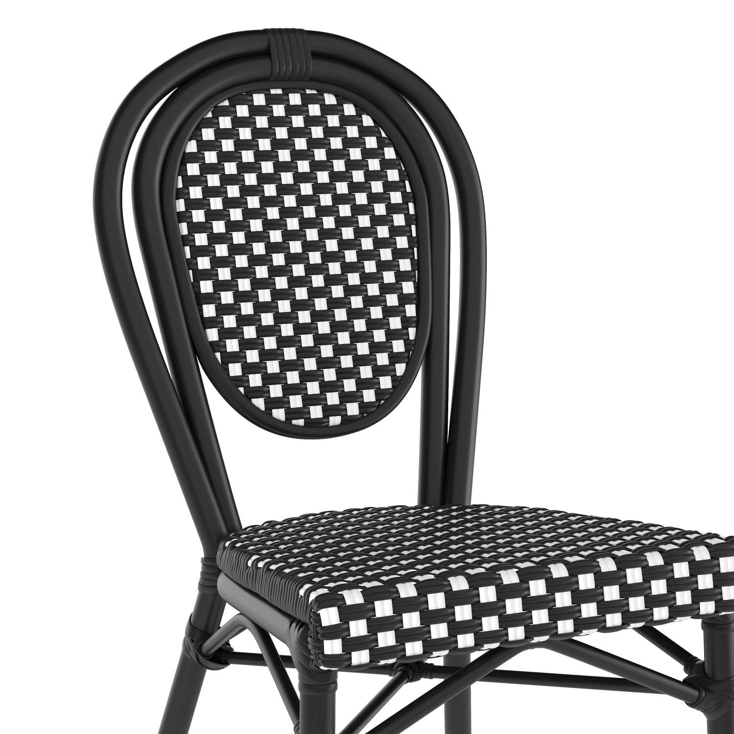 Flash Furniture 2 Pack Lourdes IndoorOutdoor Commercial Thonet Bistro Stacking Chair PE Rattan and Aluminum Frame Black  WhiteBlack Frame PopularChairscom