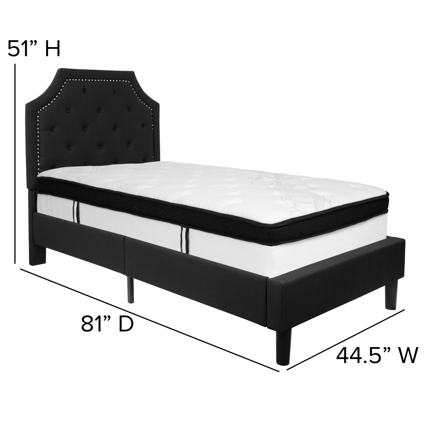 Flash Furniture Brighton Arched Tufted Upholstered Platform Bed And Memory Foam Pocket Spring Mattress, Twin, Black - Image 4