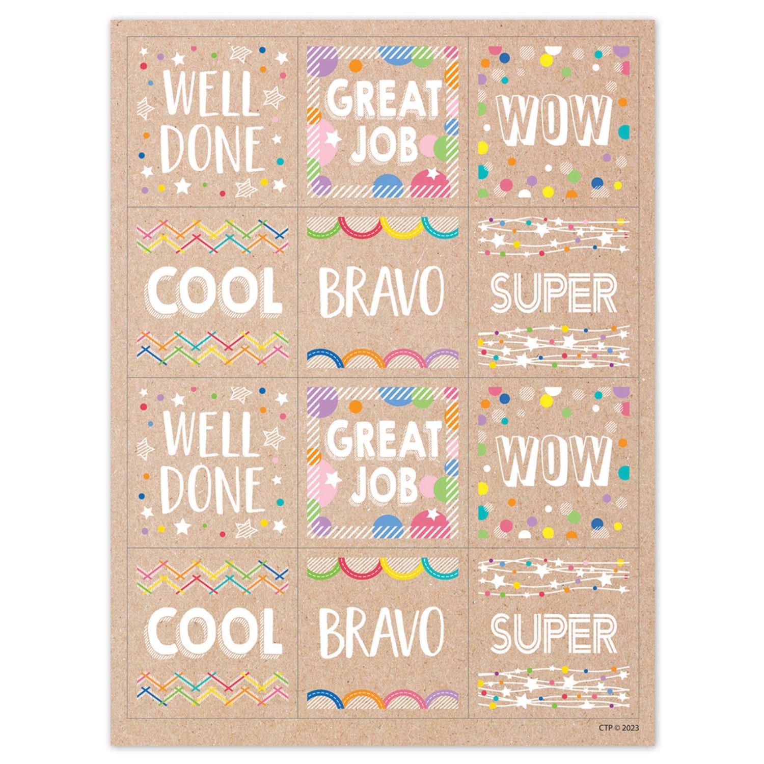 Creative Teaching Press Reward Stickers, 1-1/2in, Krafty Pop Colorful Kraft, 60 Stickers Per Pack, Set Of 6 Packs - Image 3