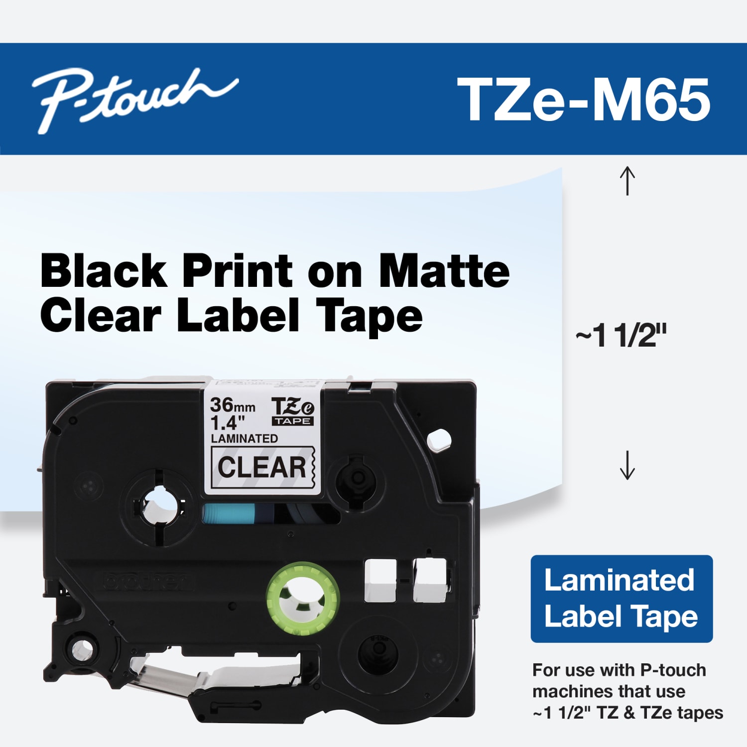 Brother P-Touch TZe-M65 Label Tape, 1-7/16in x 26-1/4ft, White/Matte Clear - Image 3