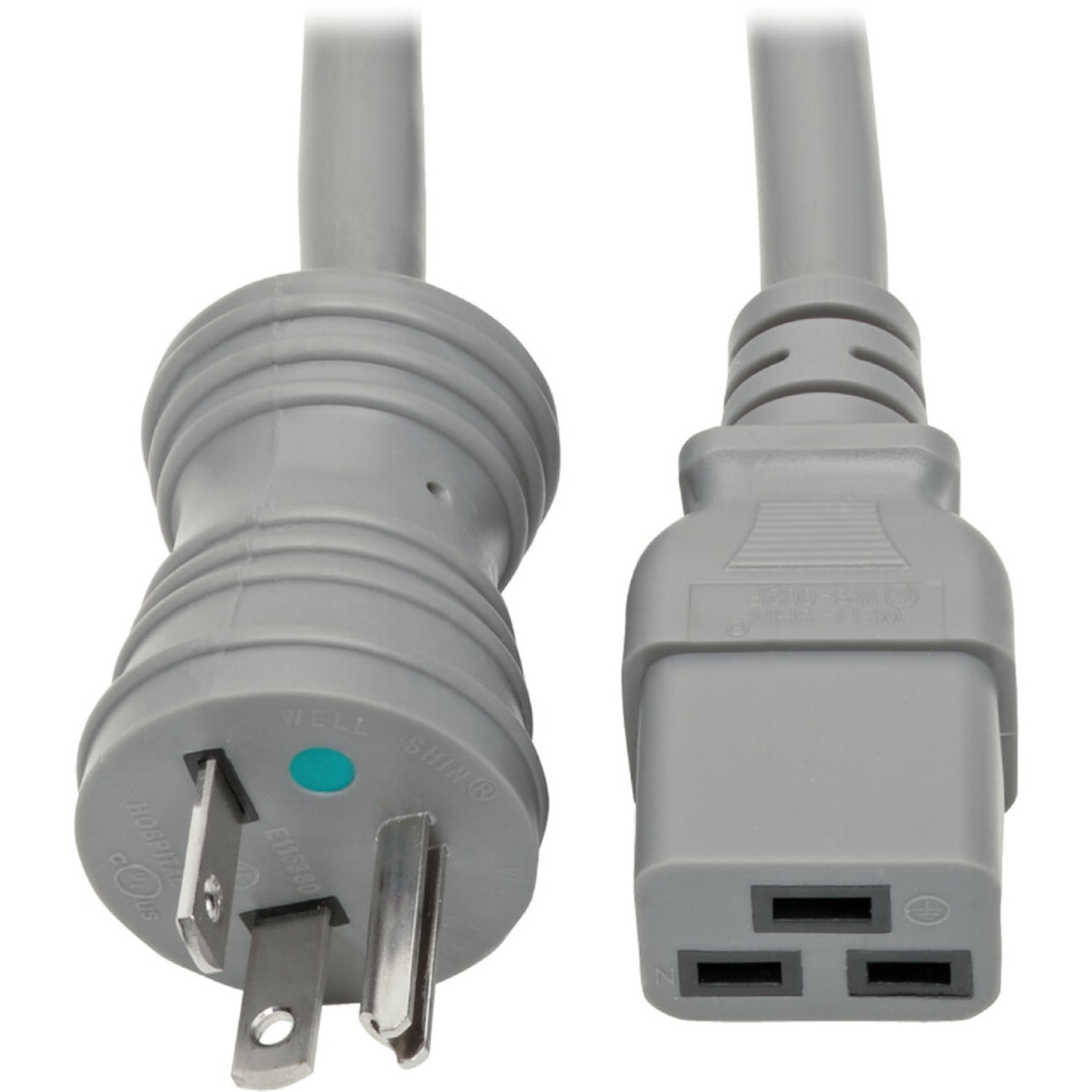 Eaton Tripp Lite Series Hospital-Grade Power Cord, NEMA 5-20P to C19 - Heavy-Duty, Green Dot, 20A, 125V, 12 AWG, 6 ft. (1.83 m), Gray - P049006GYHG - Image 3
