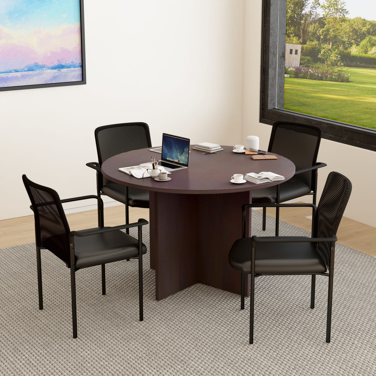 Boss Office Products 42in Round Table And Stackable Guest Chairs Set, Mocha/Black - Image 3