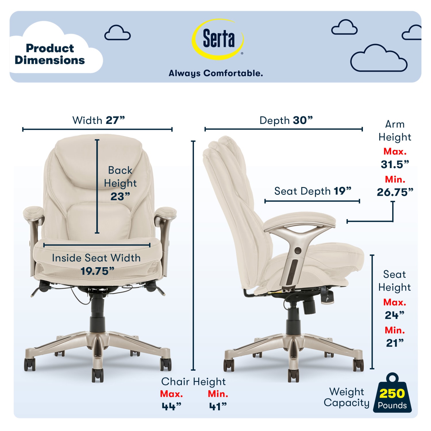 Serta Claremont Ergonomic Bonded Leather Mid Back Office Chair IvorySilver PopularChairscom