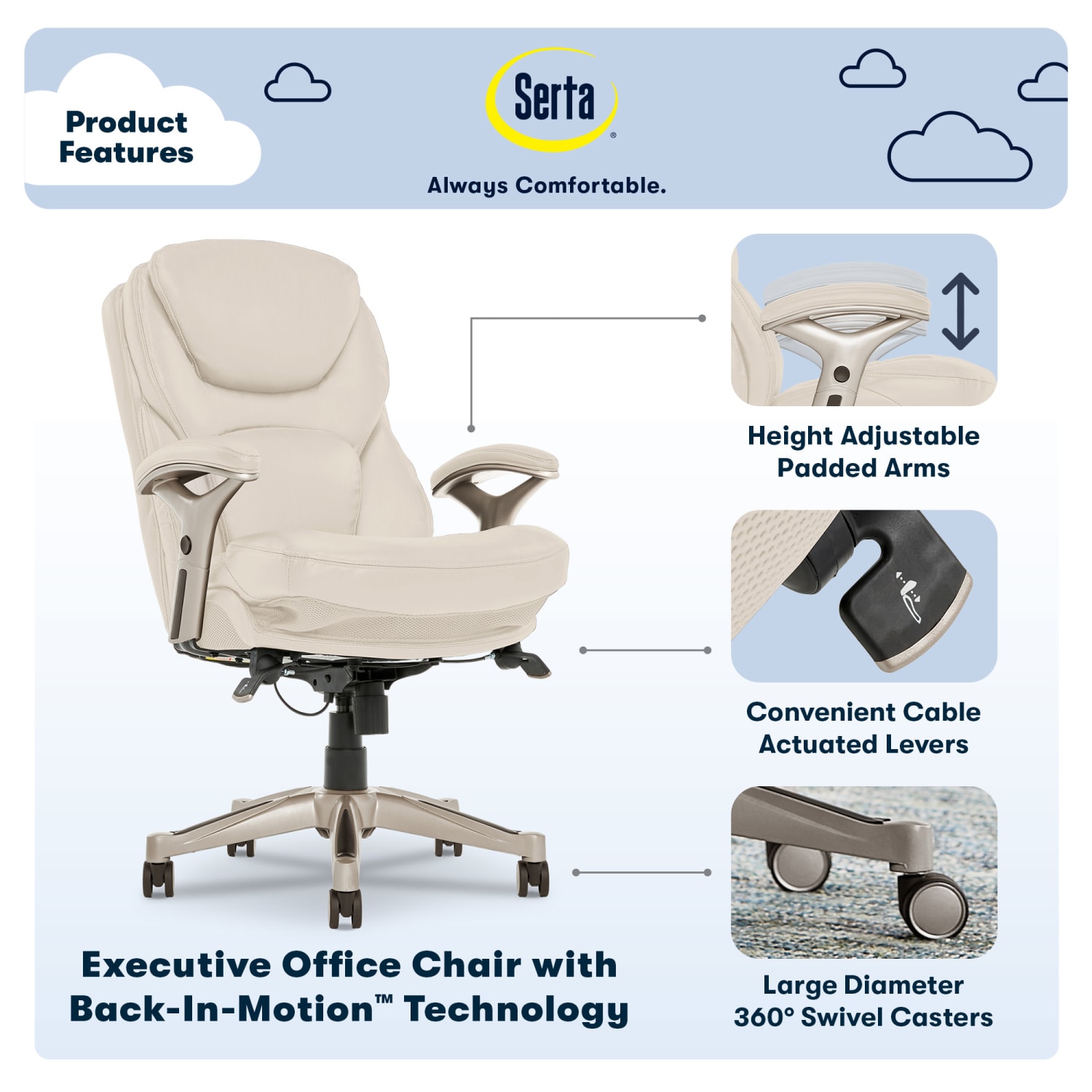Serta Claremont Ergonomic Bonded Leather Mid Back Office Chair IvorySilver PopularChairscom