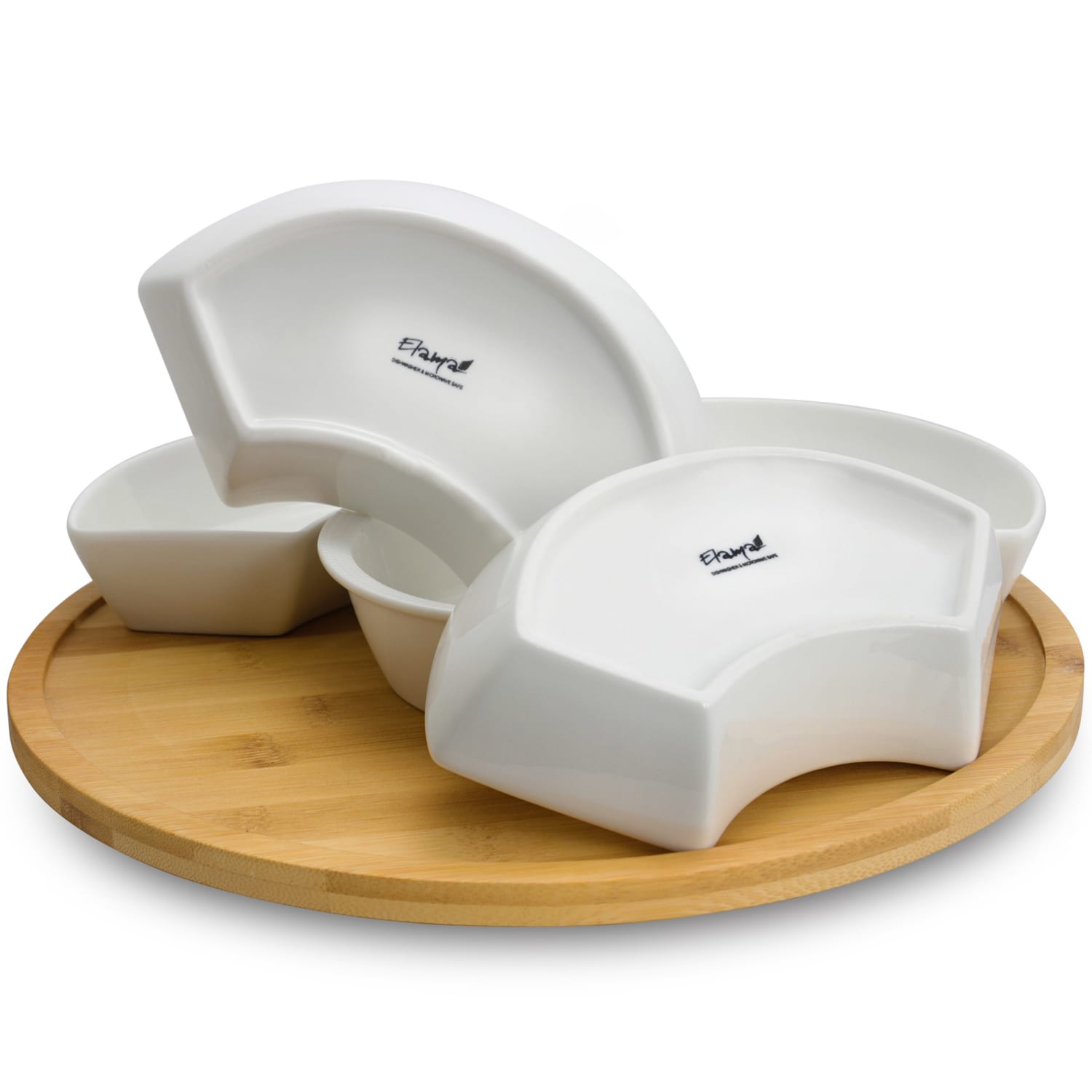 Elama Signature 6 Piece Lazy Susan Appetizer and Condiment Server Set with 5 Serving Dishes and a Bamboo Lazy Suzan Serving Tray - Image 3