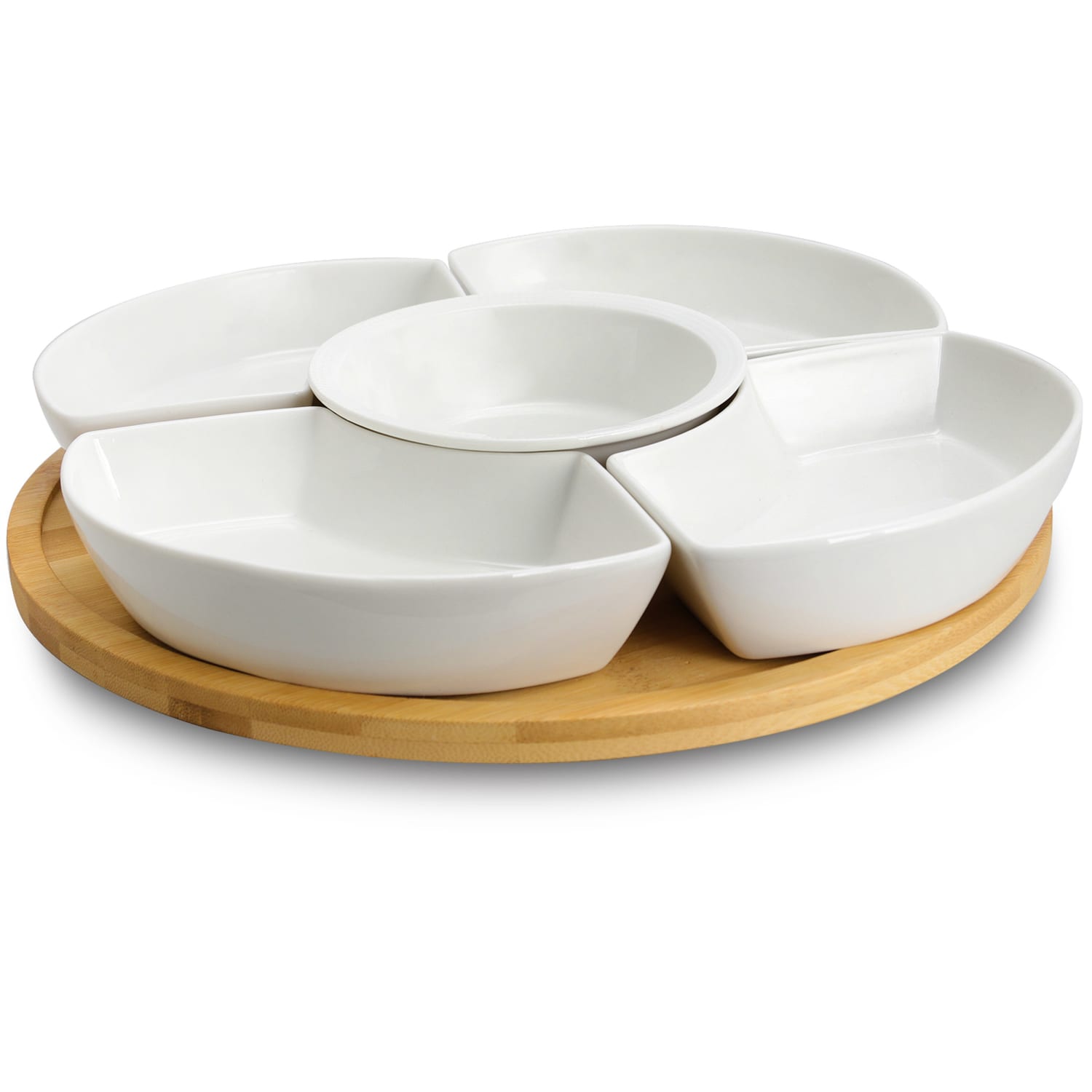 Elama Signature 6 Piece Lazy Susan Appetizer and Condiment Server Set with 5 Serving Dishes and a Bamboo Lazy Suzan Serving Tray - Image 6