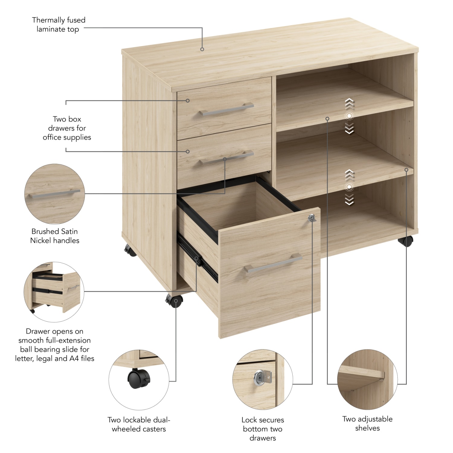 Bush Business Furniture Hustle Office Storage Cabinet With Wheels, Natural Elm, Standard Delivery - Image 5
