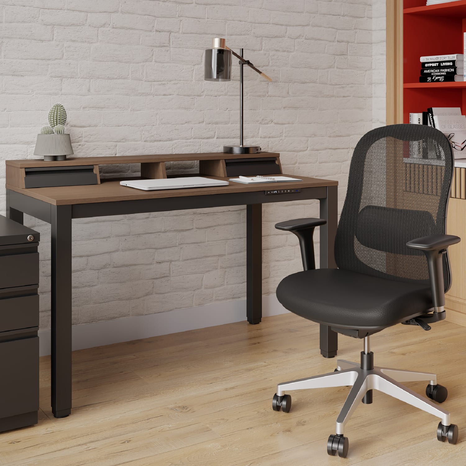 Realspace Bellano 48inW 4-Leg Electric Height-Adjustable Standing Desk with Hutch, Walnut/Black, BIFMA Compliant - Image 5