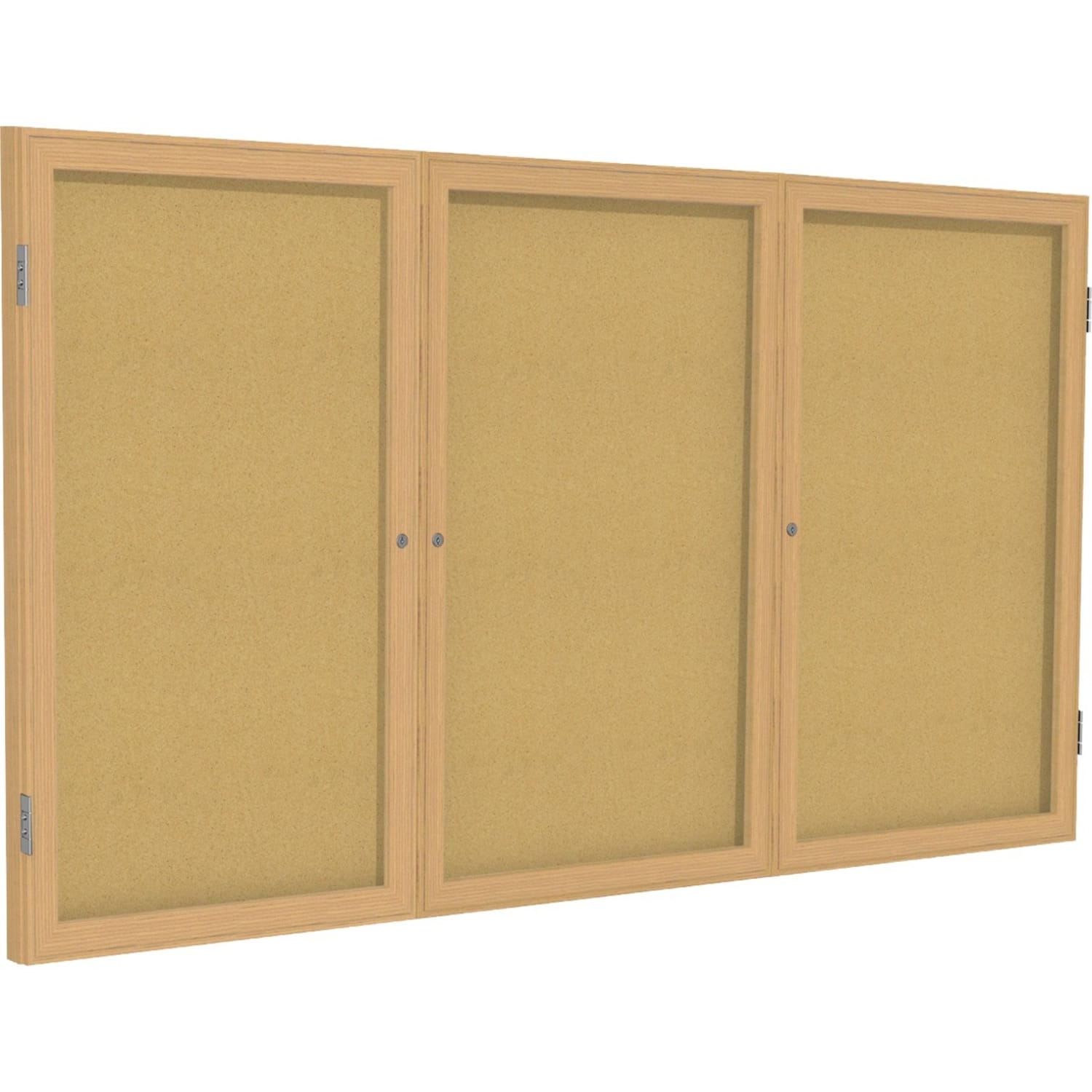 Ghent 3 Door Enclosed Natural Cork Bulletin Board with Oak Wood Frame - 48in Board x 96in Board- Natural Cork Surface - PW34896K