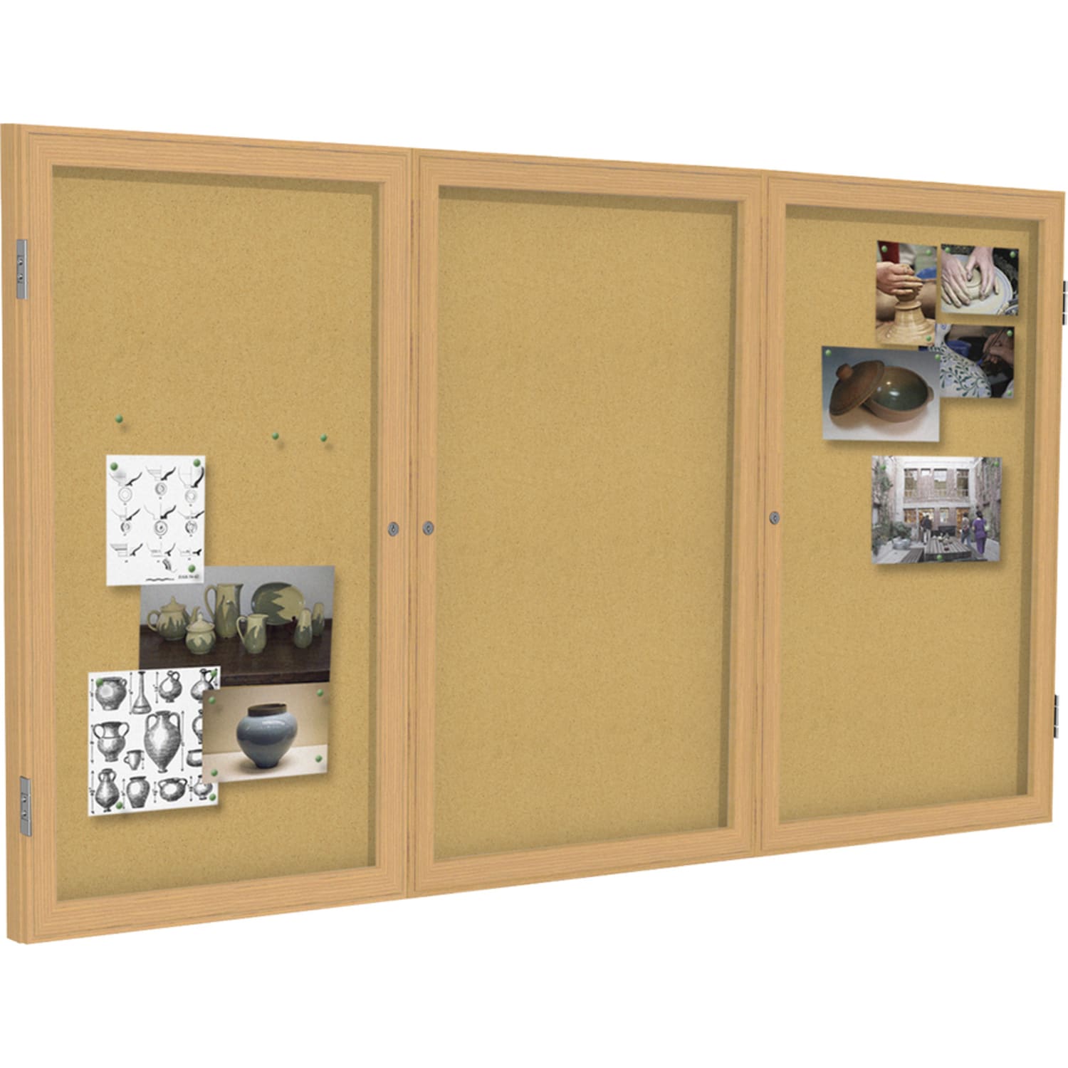 Ghent 3 Door Enclosed Natural Cork Bulletin Board with Oak Wood Frame - 48in Board Height x 96in Board Width - Natural Cork Surface - Locking Door, Illuminated, Self-healing, Tamper Proof - Oak Wood Frame - 1 Each - TAA Compliant - Image 3