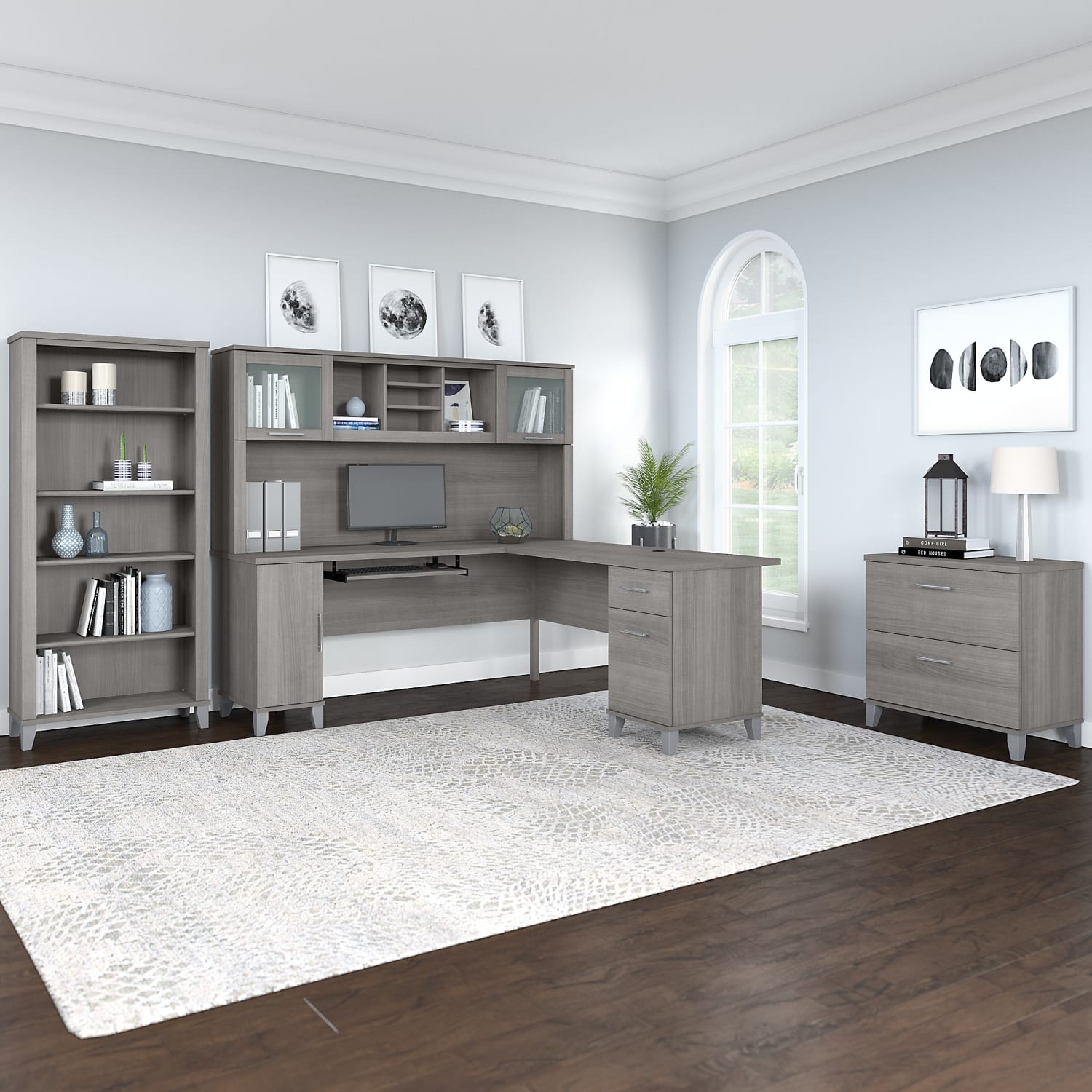Bush Furniture Somerset 72inW L-Shaped Desk With Hutch, Lateral File Cabinet And Bookcase, Platinum Gray, Standard Delivery - Image 3