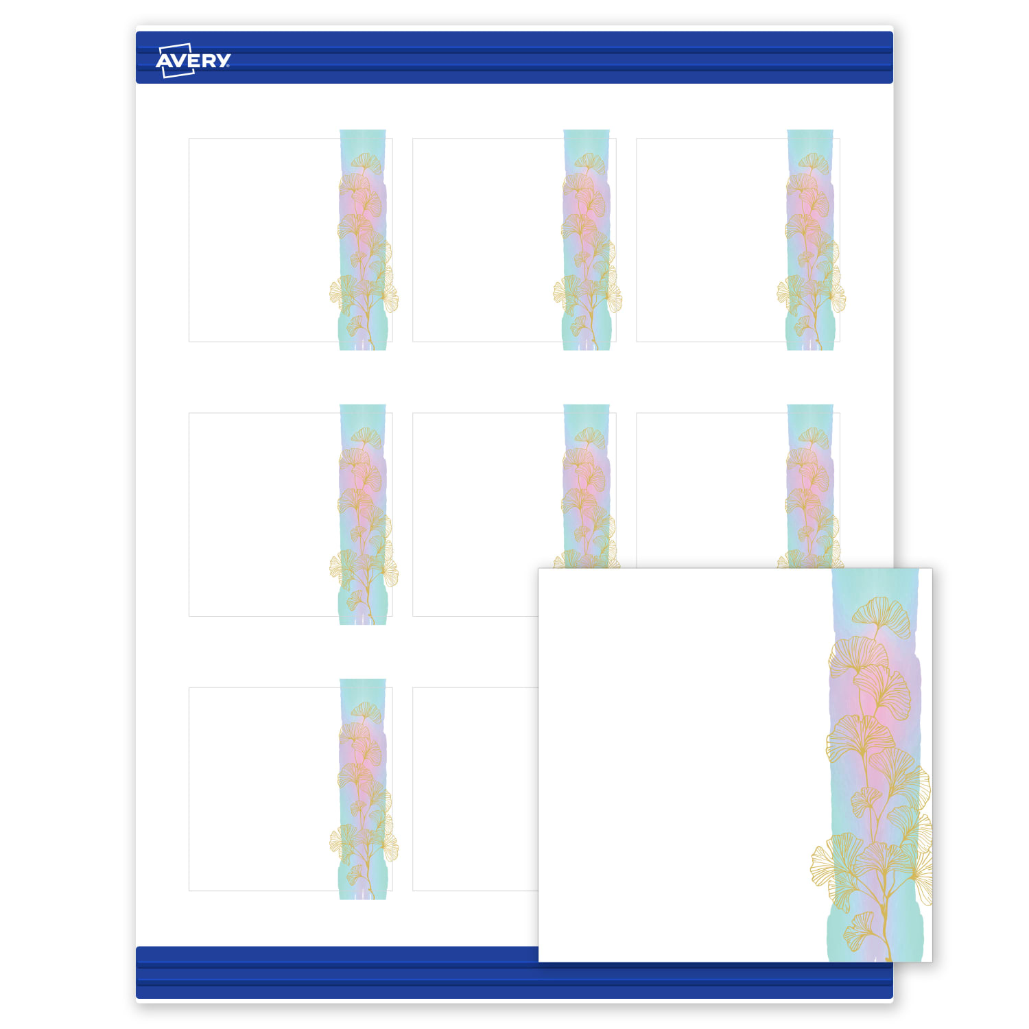 Avery Printable Cards With Sure Feed Technology, 2-1/2in x 2-1/2in, Matte White With Watercolor/Gold Leaf Design, Pack Of 90 - Image 3