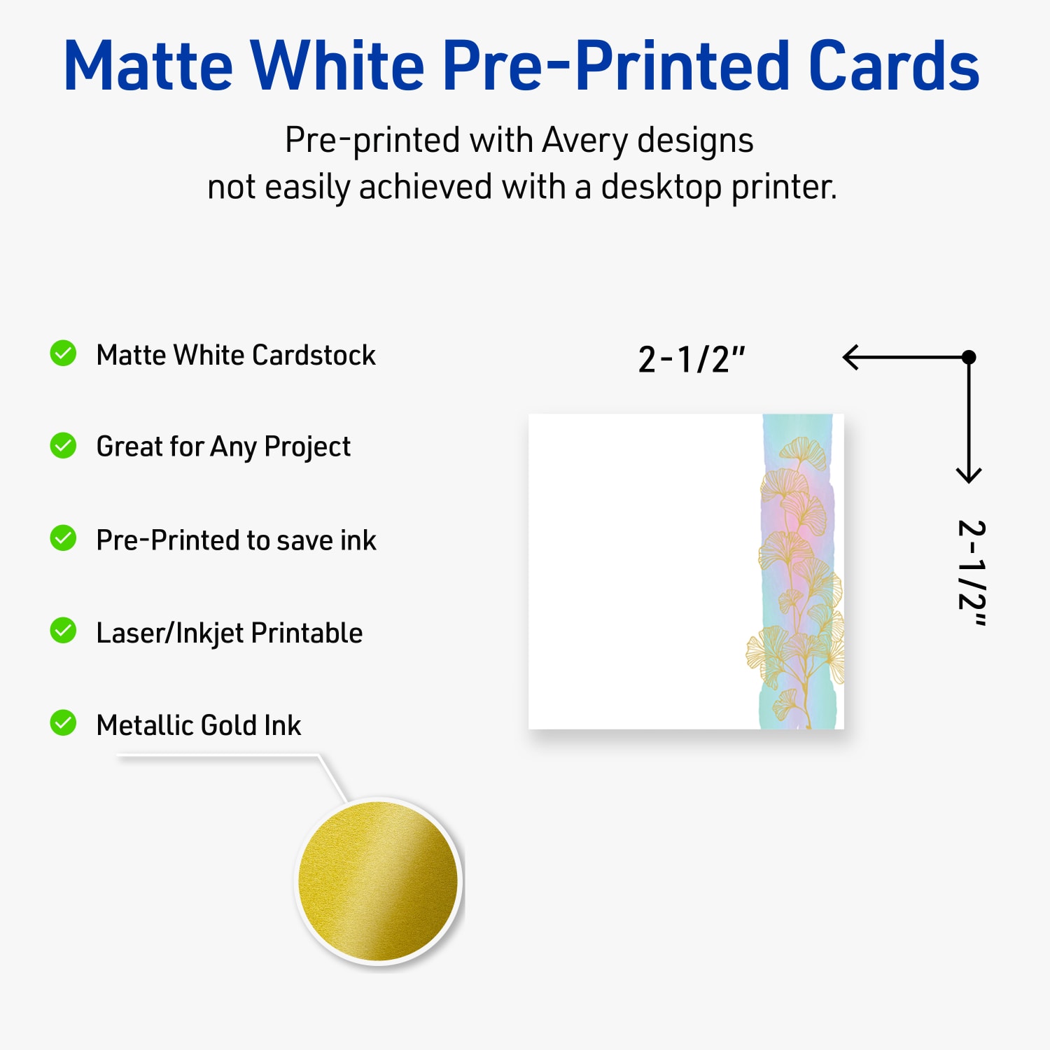 Avery Printable Cards With Sure Feed Technology, 2-1/2in x 2-1/2in, Matte White With Watercolor/Gold Leaf Design, Pack Of 90 - Image 4