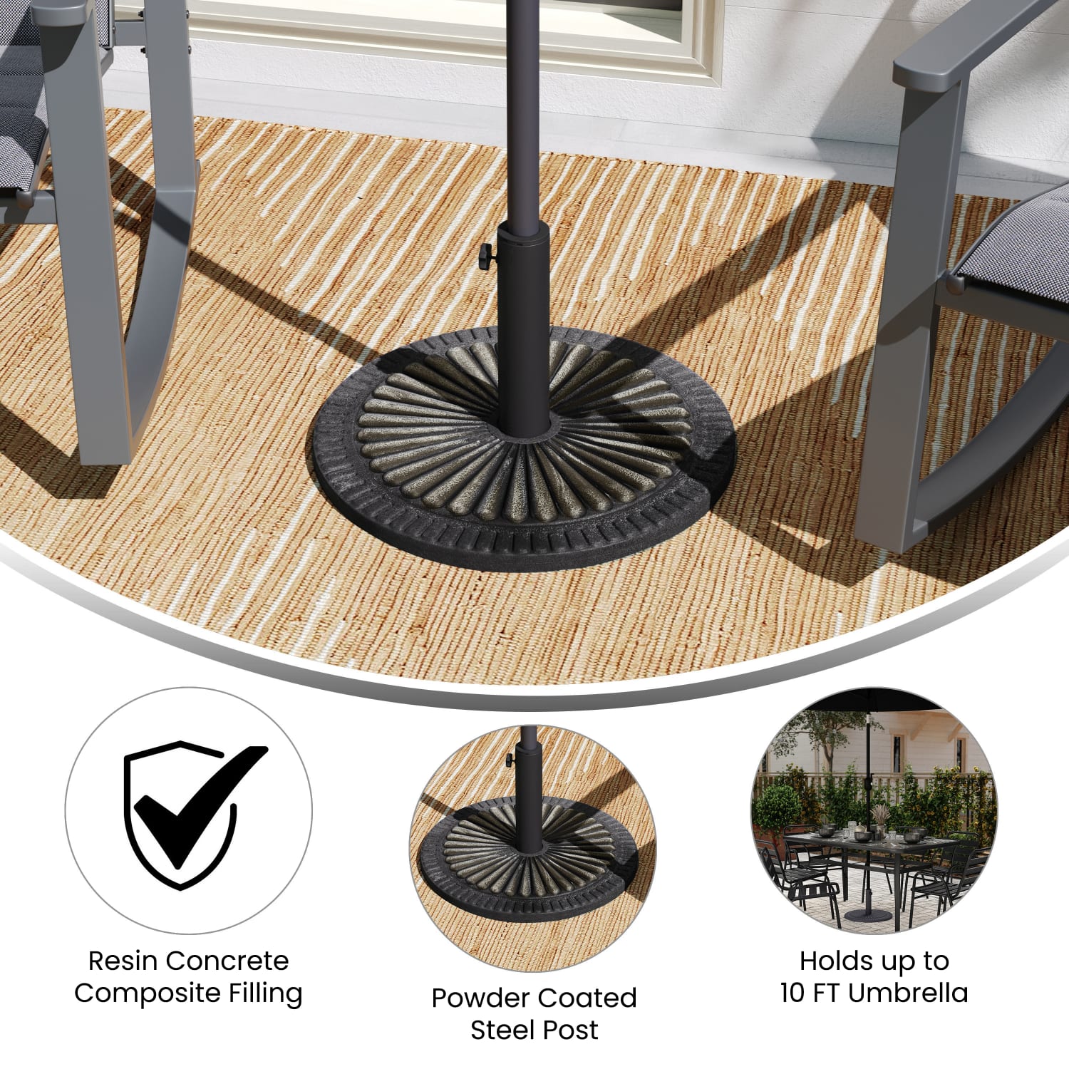 Flash Furniture Kona Universal Cement Patio Umbrella Base with Sunburst Patterned Weatherproof Plastic Polymer Coating, Bronze - Image 4