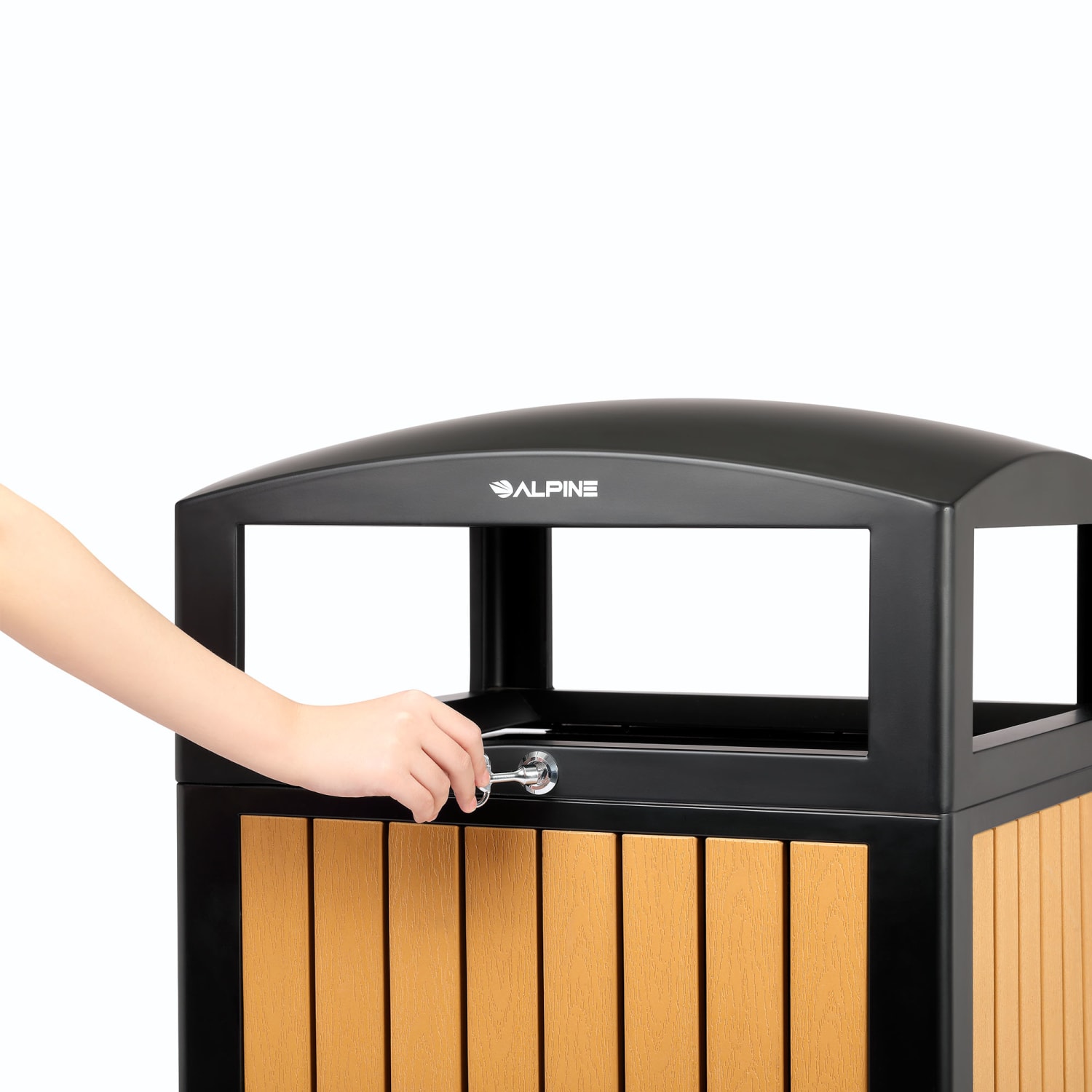 Alpine Slatted Plastic Panel Outdoor Trash Can, 40 Gallon, 40-15/16inH x 21-5/16inW x 21-5/16inD, Cedar - Image 6