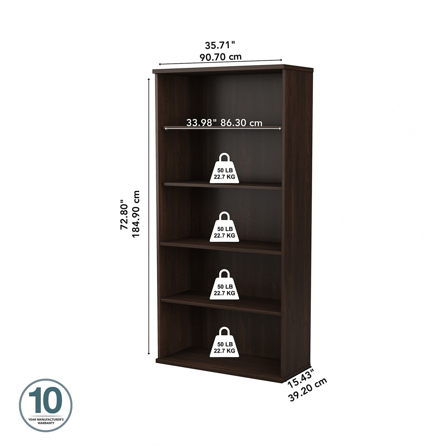 Bush Business Furniture Studio C 73inH 5-Shelf Bookcase, Black Walnut, Standard Delivery - Image 6