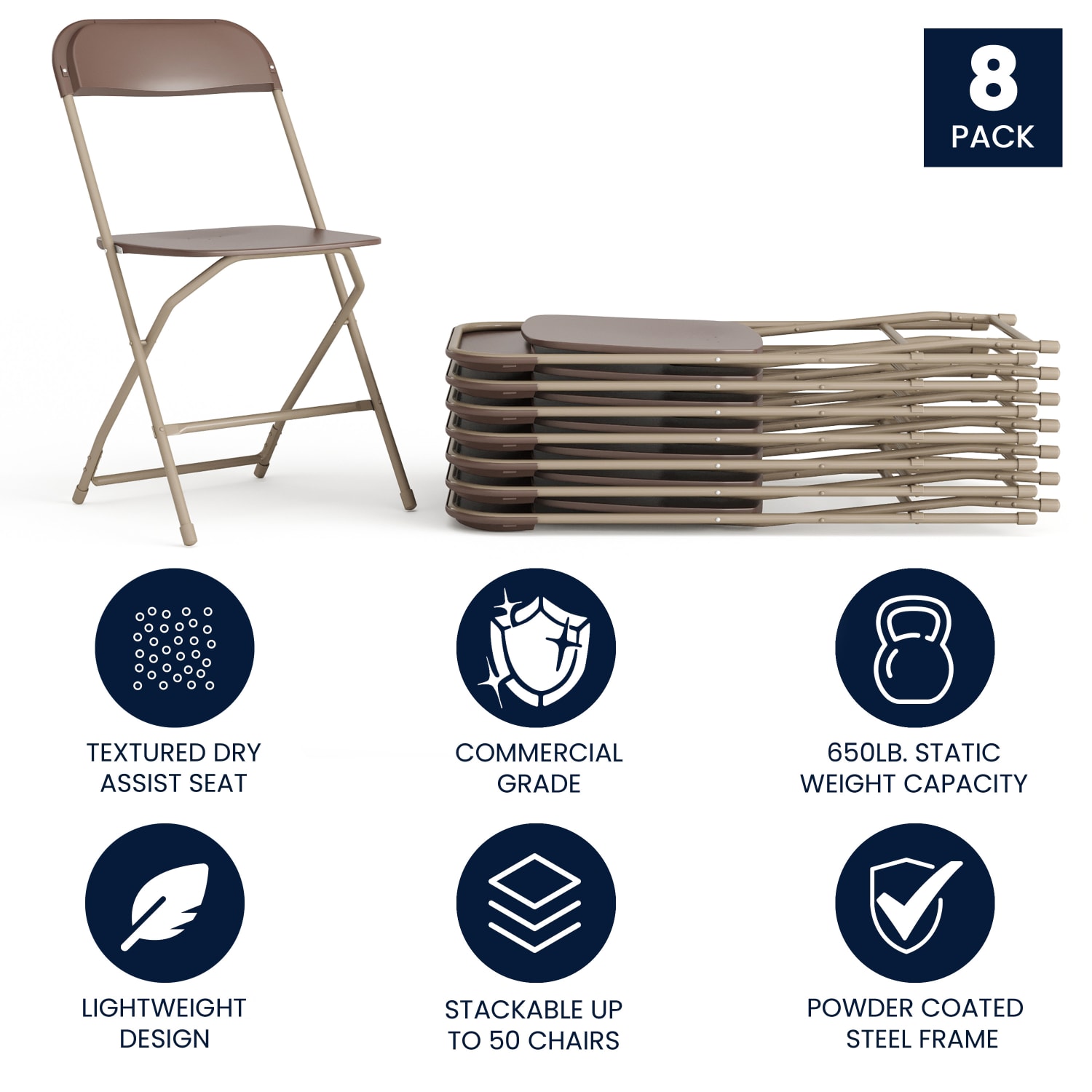 Flash Furniture Hercules Series Plastic Folding Chair - 8 Pack 650LB Weight Capacity, Brown - Image 3