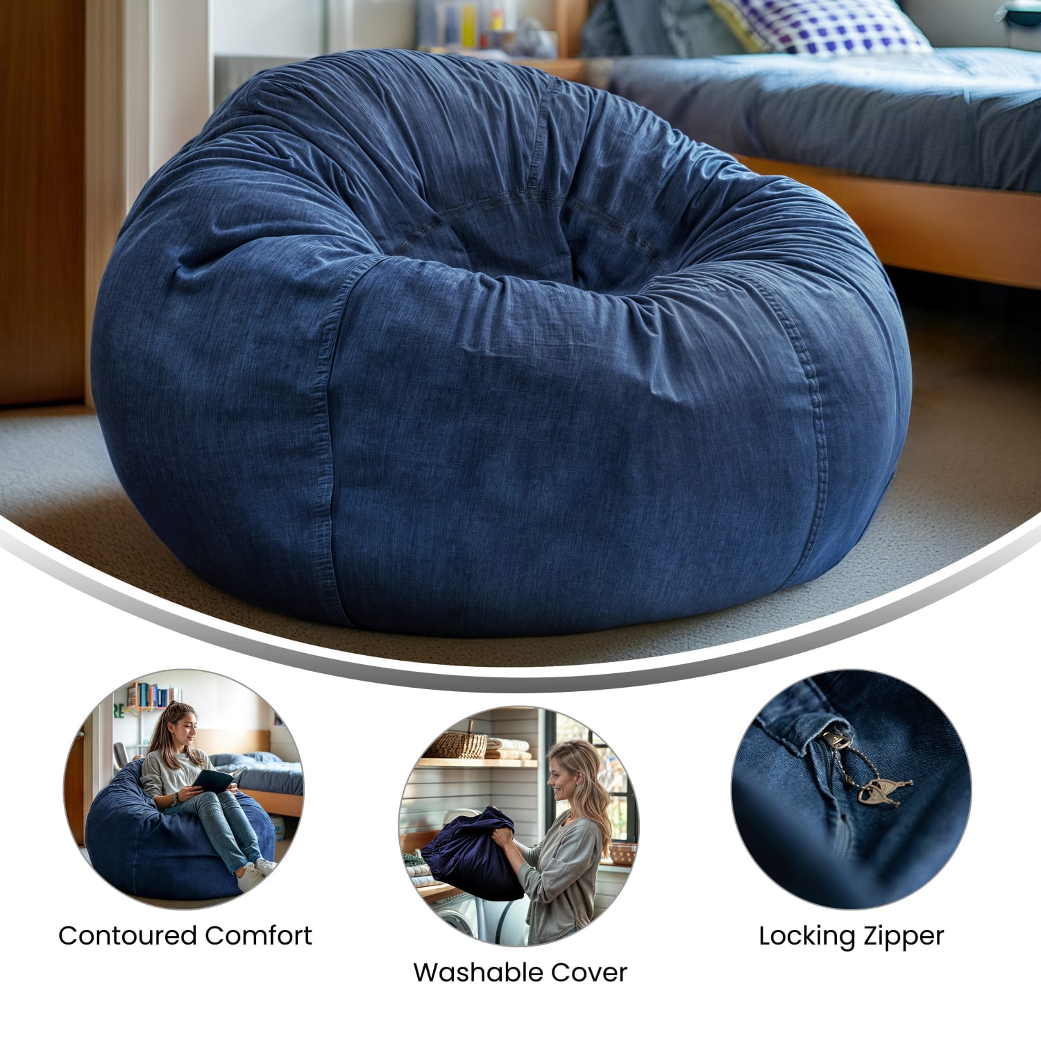 Flash Furniture Oversized Bean Bag Chair For Kids And Adults, Denim - Image 5