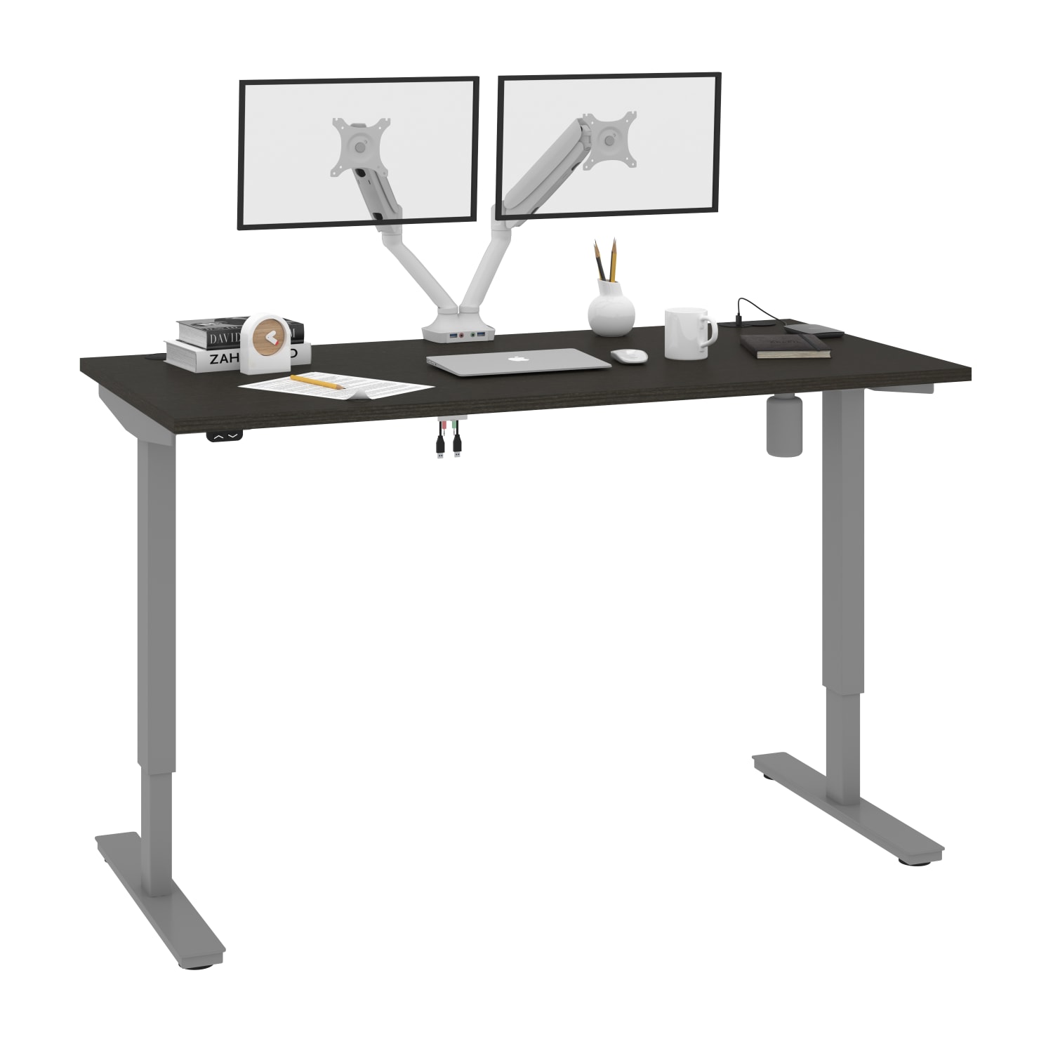 Bestar Upstand Electric 60inW Standing Desk With Dual Monitor Arm, Deep Gray - Image 3
