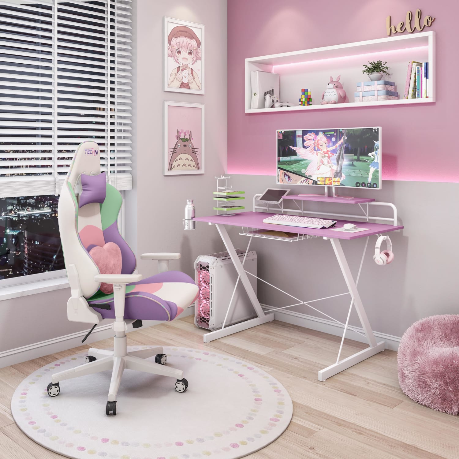 Techni Sport 48inW Carbon Gaming Computer Desk With Shelving, Pink - Image 3