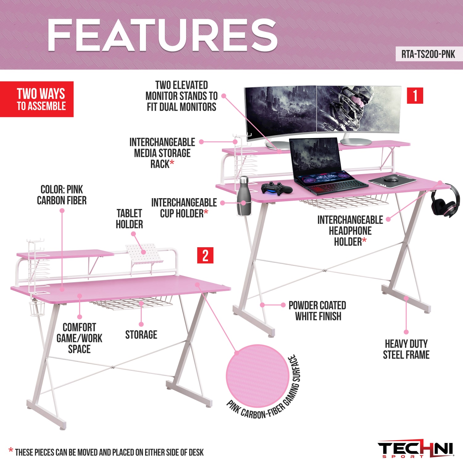 Techni Sport 48inW Carbon Gaming Computer Desk With Shelving, Pink - Image 4