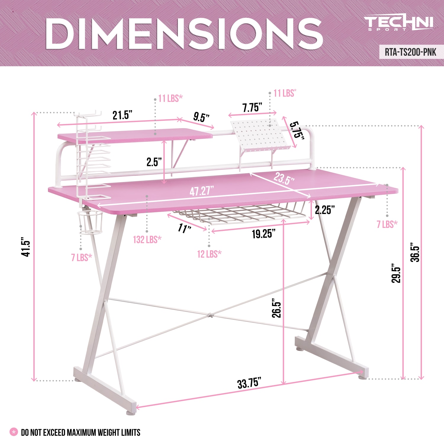 Techni Sport 48inW Carbon Gaming Computer Desk With Shelving, Pink - Image 5