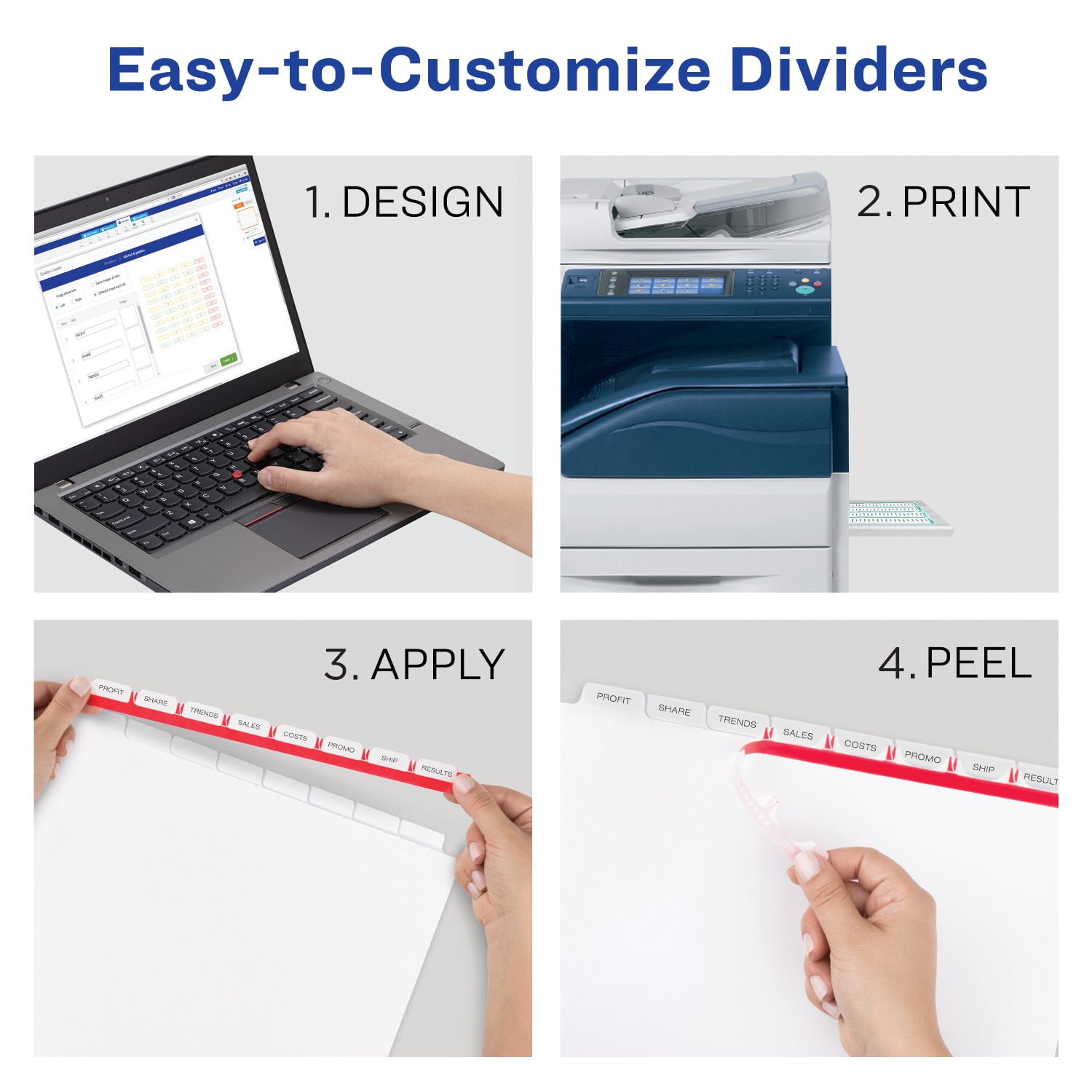 Avery Print & Apply Clear Label Dividers With Index Maker Easy Apply Printable Label Strip for Copiers, 8-1/2in x 11in, 8-Tab, White, Pack of 5 Sets - Image 3