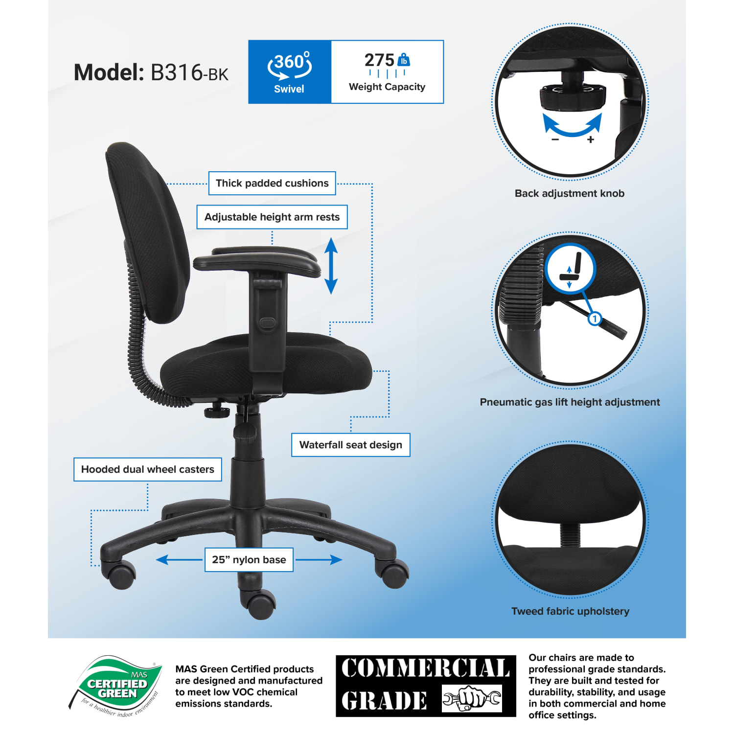 Boss Office Products Posture Mid-Back Task Chair, Black - Image 8