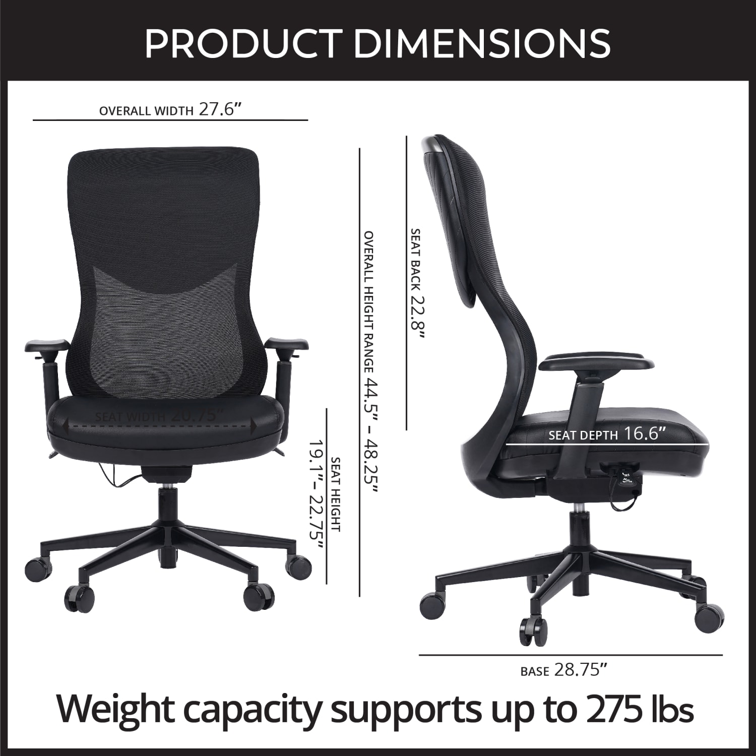 WorkPro Fortimo Ergonomic Mesh/Vegan Leather High-Back Executive Chair, Black/Black, BIFMA Compliant - Image 4